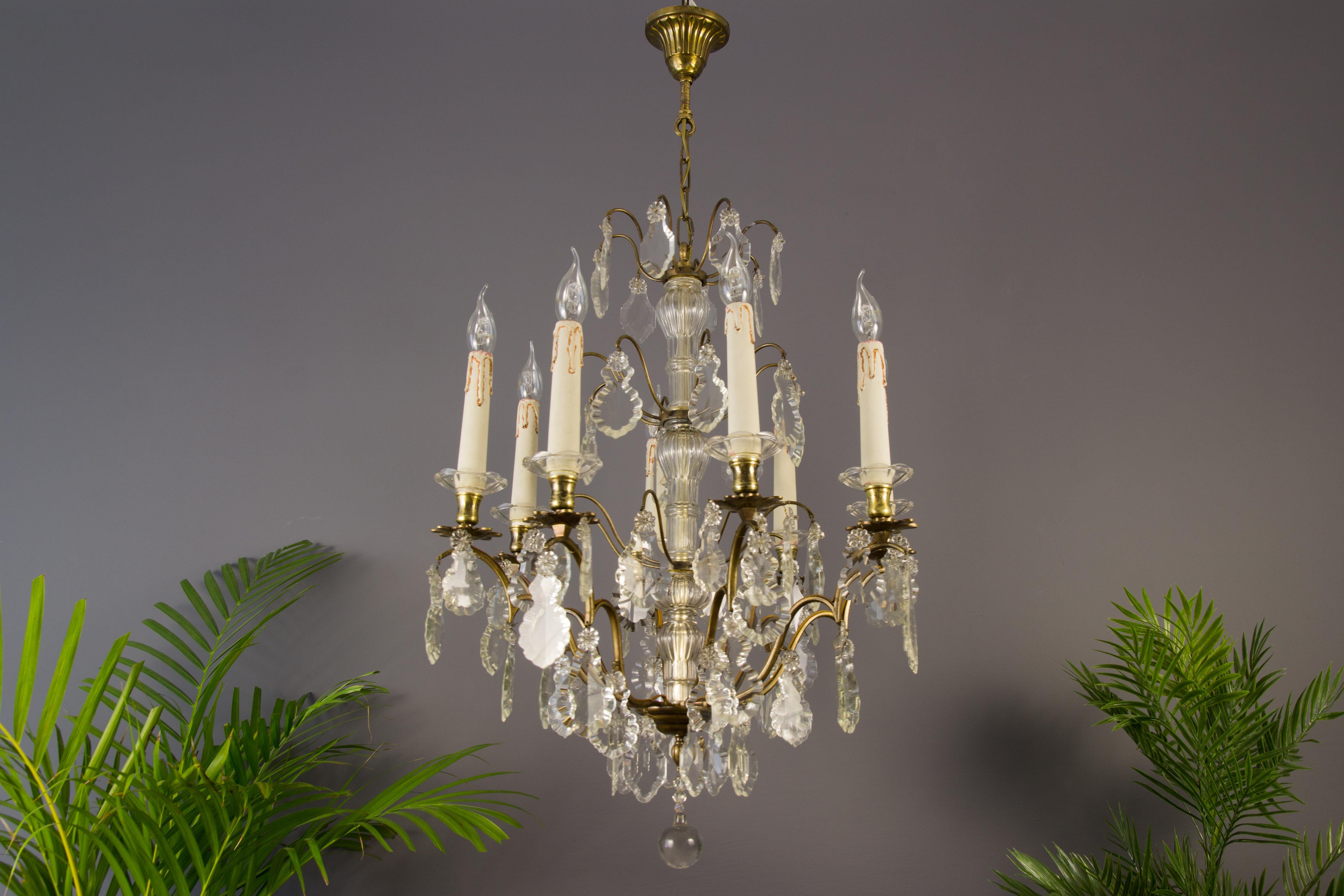 Brass 19th Century French Eight–Light Crystal and Bronze Chandelier