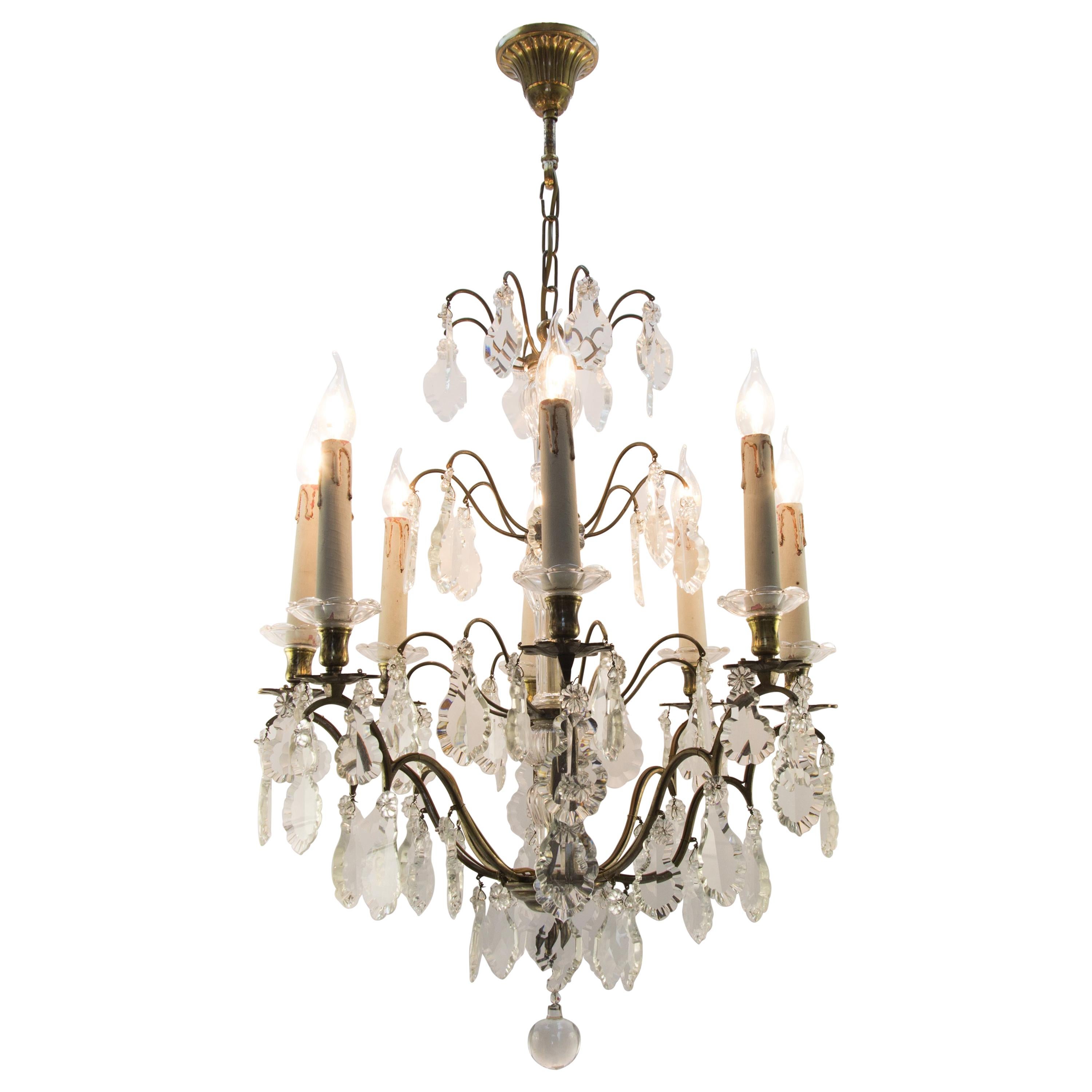 19th Century French Eight–Light Crystal and Bronze Chandelier