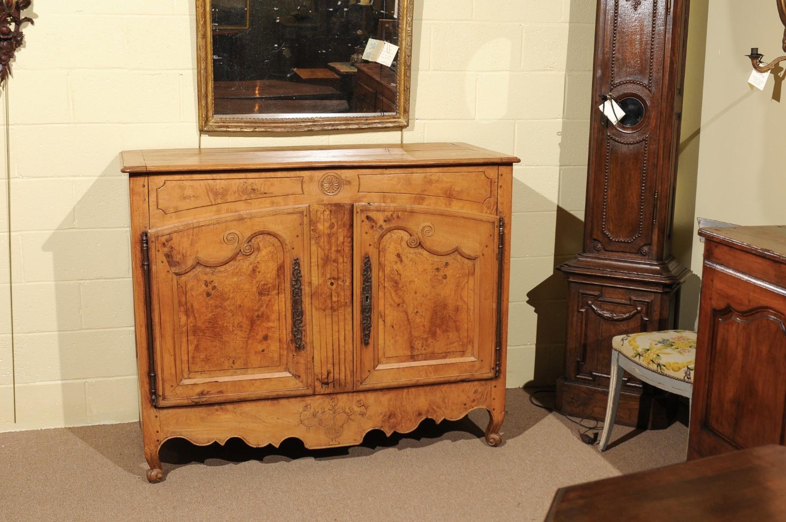 Louis XV 19th Century French Elm Buffet with Flower & Urn Carving For Sale