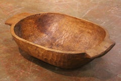 19th Century French Elm Dough Bowl with Hand-Carved Handle