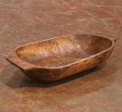 19th Century French Elm Dough Bowl with Hand-Carved Handle