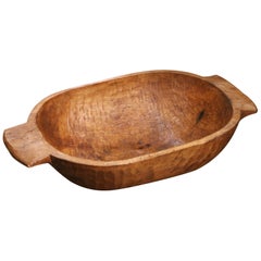 19th Century French Elm Dough Bowl with Hand-Carved Handle