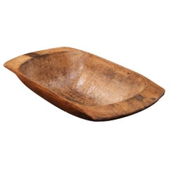19th Century French Elm Dough Bowl with Hand-Carved Handle