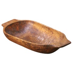 19th Century French Elm Dough Bowl with Hand-Carved Handle