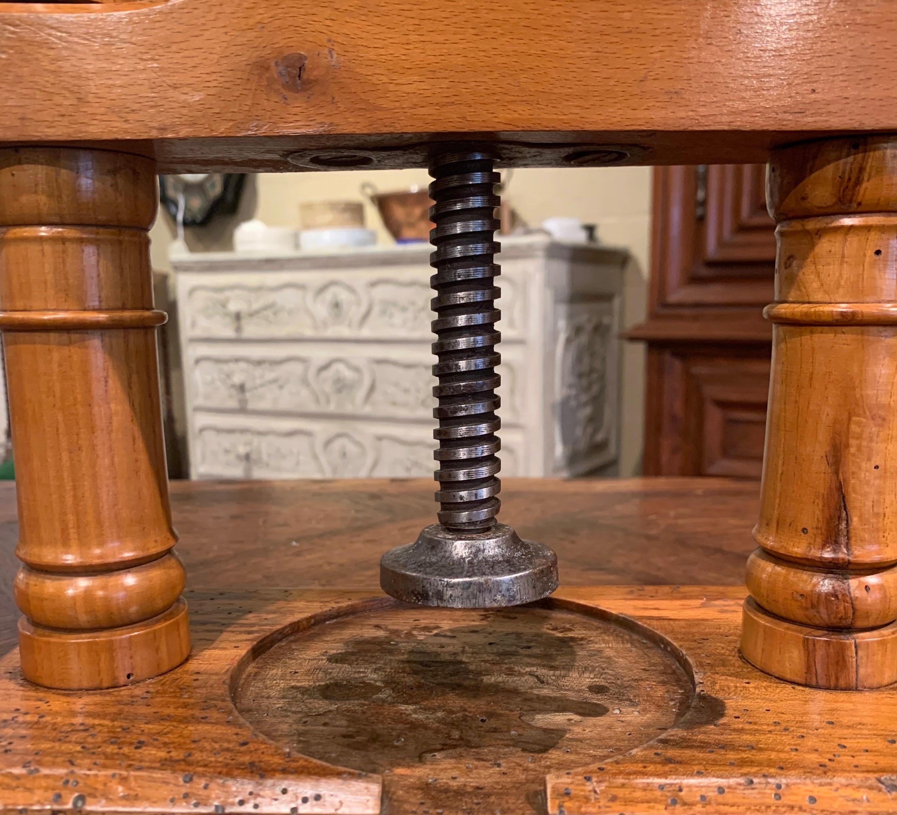 Hand-Carved 19th Century French Elmwood and Polished Iron Cheese or Fruit Press For Sale