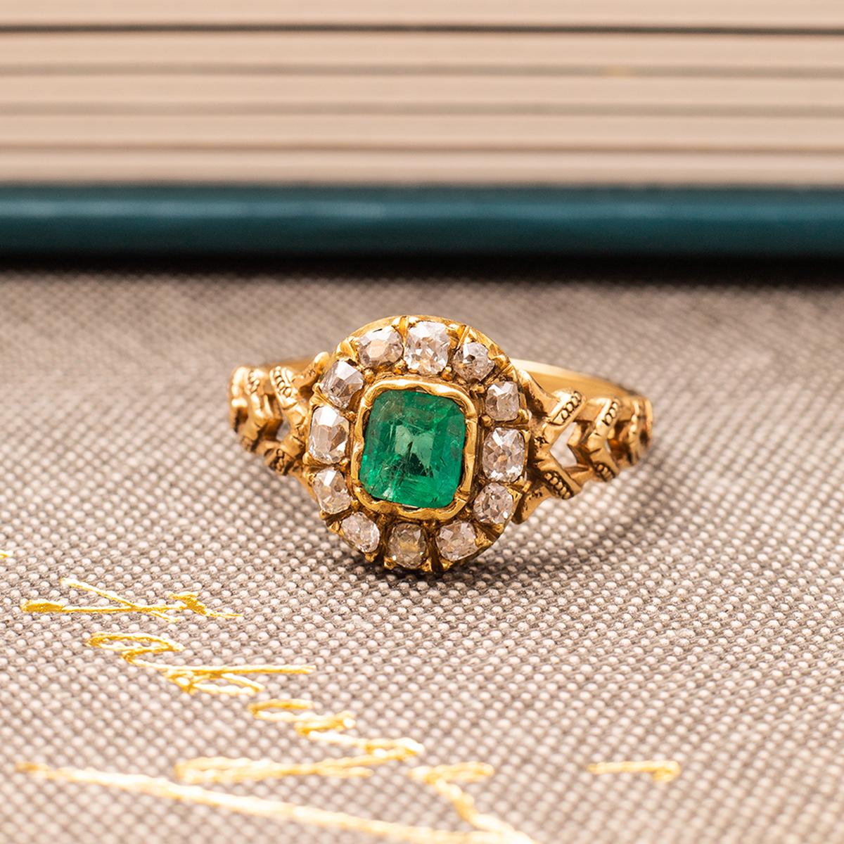 19th Century French Emerald Diamond Gold Cluster Ring 3