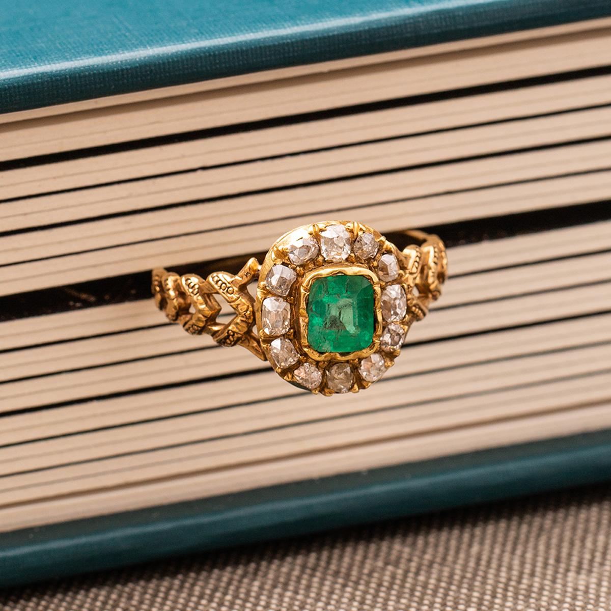 19th Century French Emerald Diamond Gold Cluster Ring 4