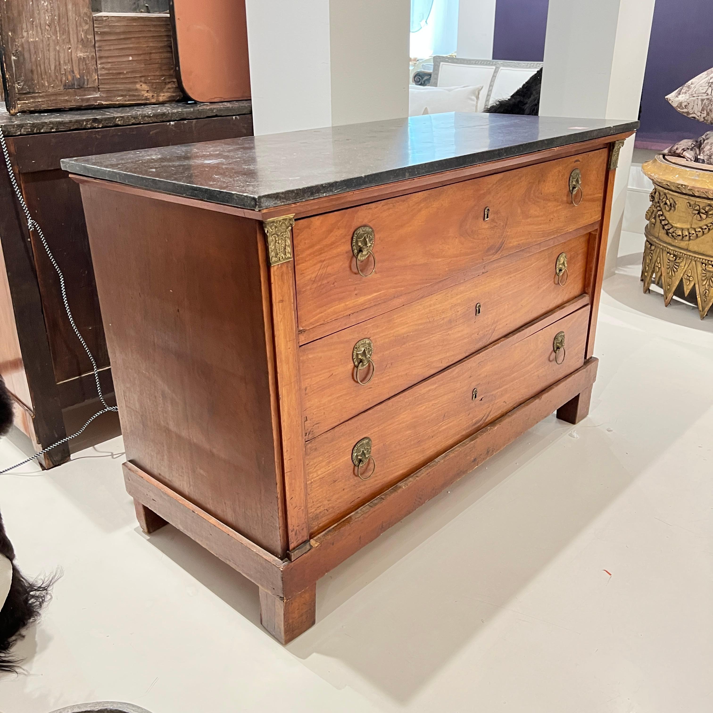 19th Century French Empire Antique Chest with Marble Top & Lion Pulls For Sale 1