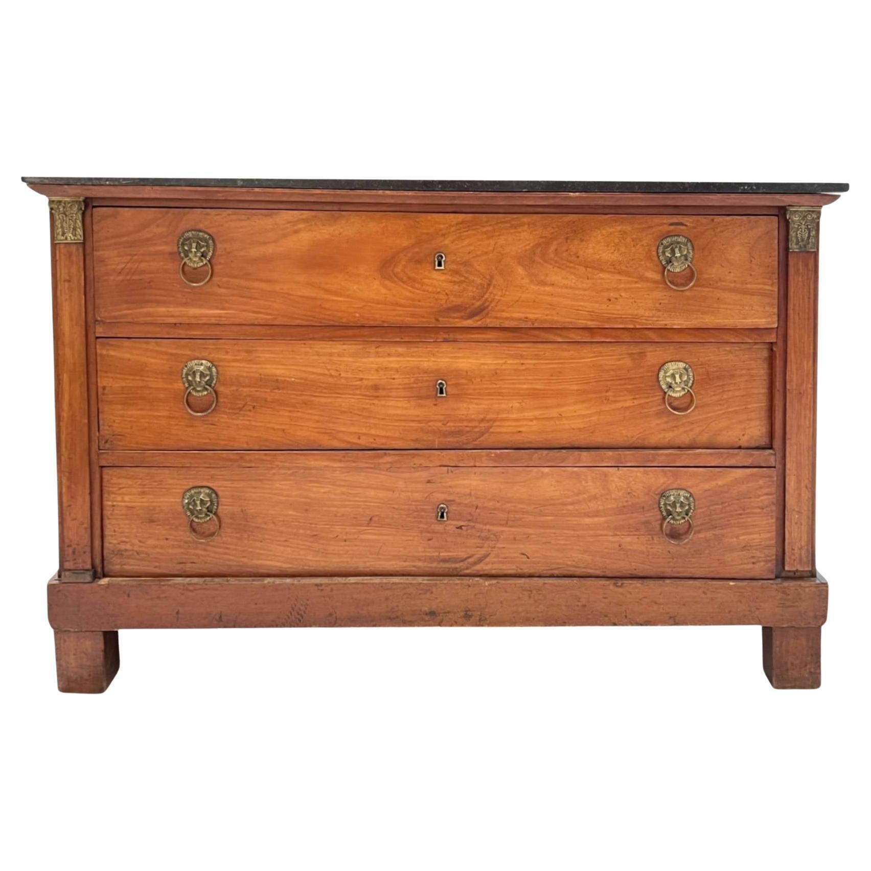 19th Century French Empire Antique Chest with Marble Top & Lion Pulls For Sale