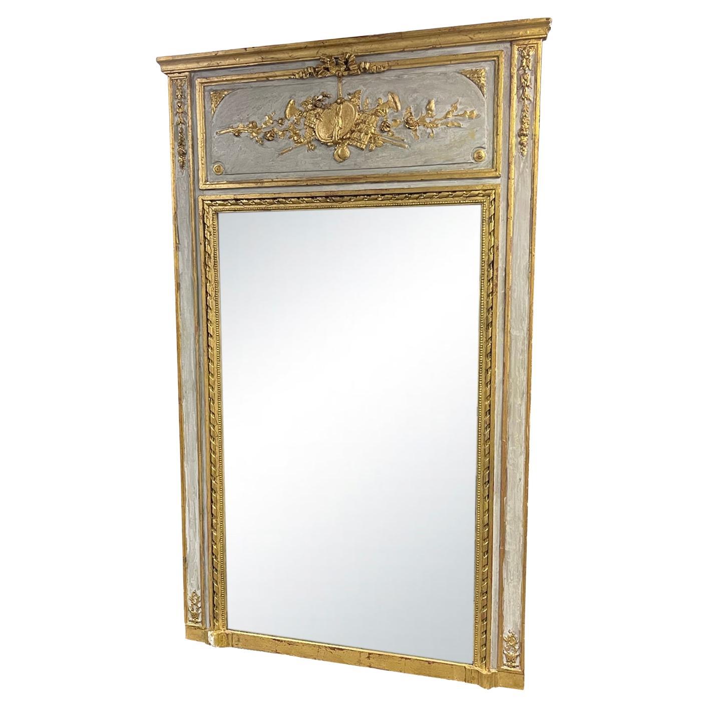 19th Century French Louis XVI Antique Gilded Wood Trumeau, Floor Glass Mirror For Sale
