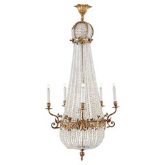 19th Century French Empire Basket Chandelier Ormolu Crystal Ten-Light Pendant