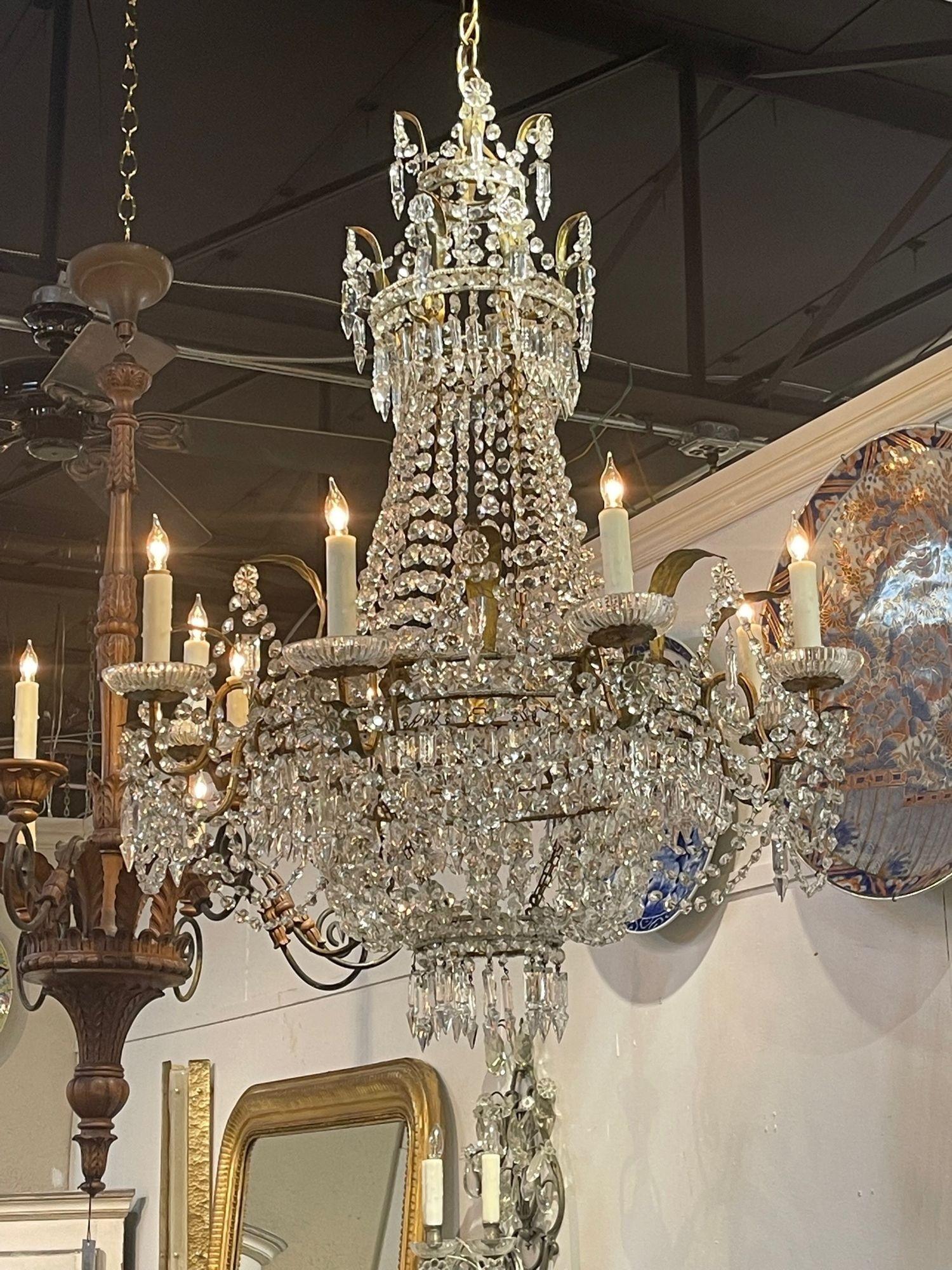 Beautiful 19th century French Empire style basket form chandeliers. A lovely traditional style covered in gorgeous crystals. Sure to be a focal point in a lovely home!.