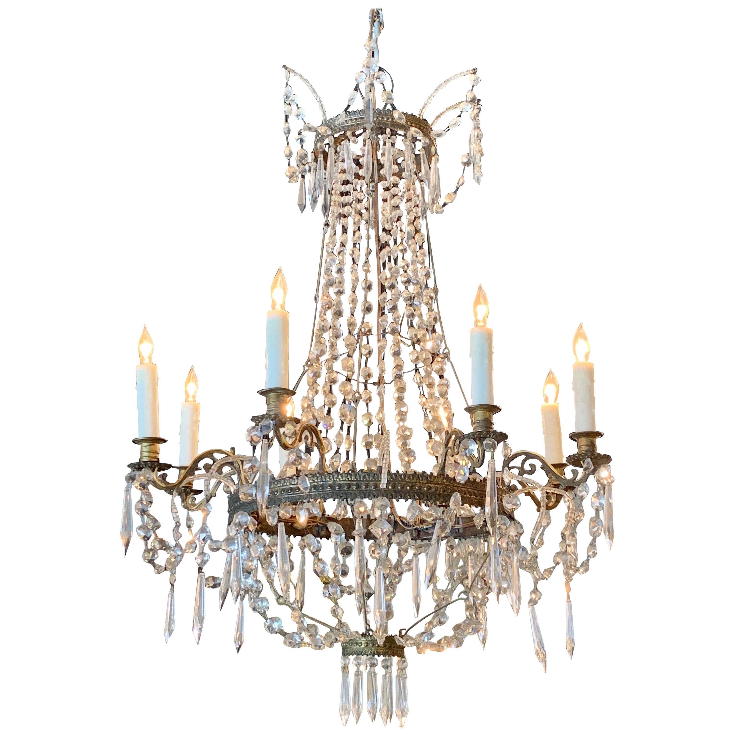 19th Century French Empire Beaded Crystal and Gilt Bronze Chandelier