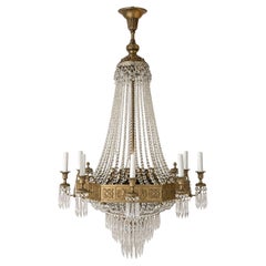 19th Century French Empire Beaded Crystal & Bronze Chandelier