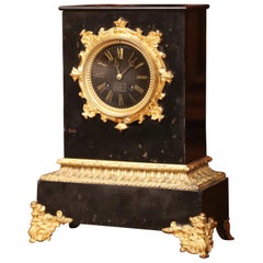 Antique 19th Century French Empire Black Marble and Bronze Mantel Clock Signed Gilbert