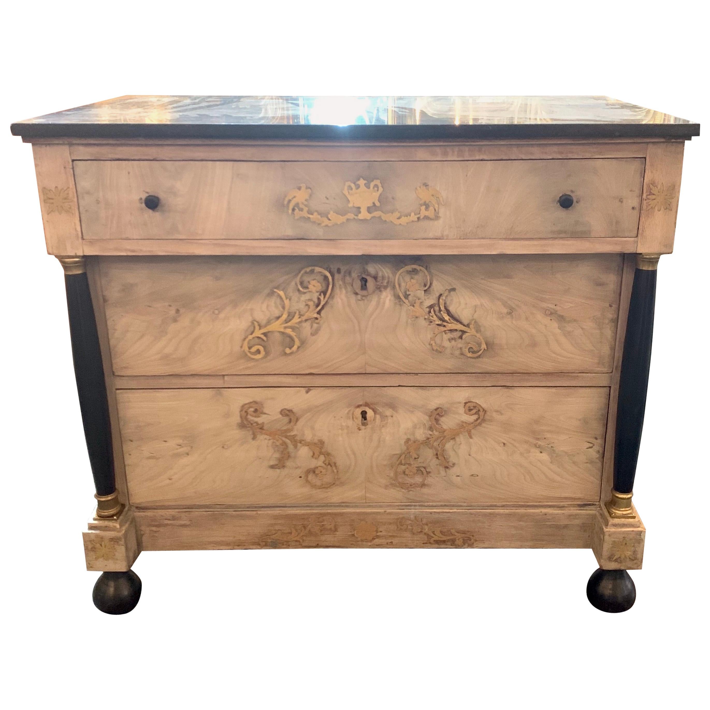 19th Century French Empire Bleached Mahogany Chest with Brass Inlay