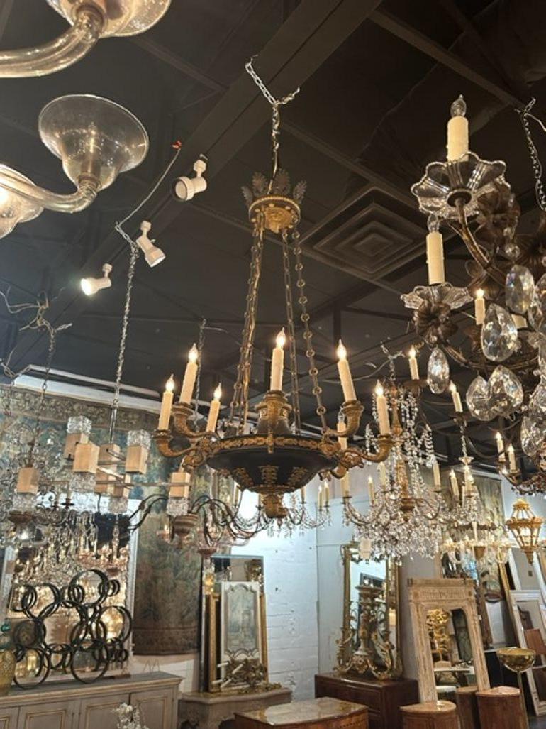 Handsome 19th century French Empire style bronze chandelier with 8 lights. Beautiful decorative detail on the base and arms. A classic fixture that is sure to impress!!