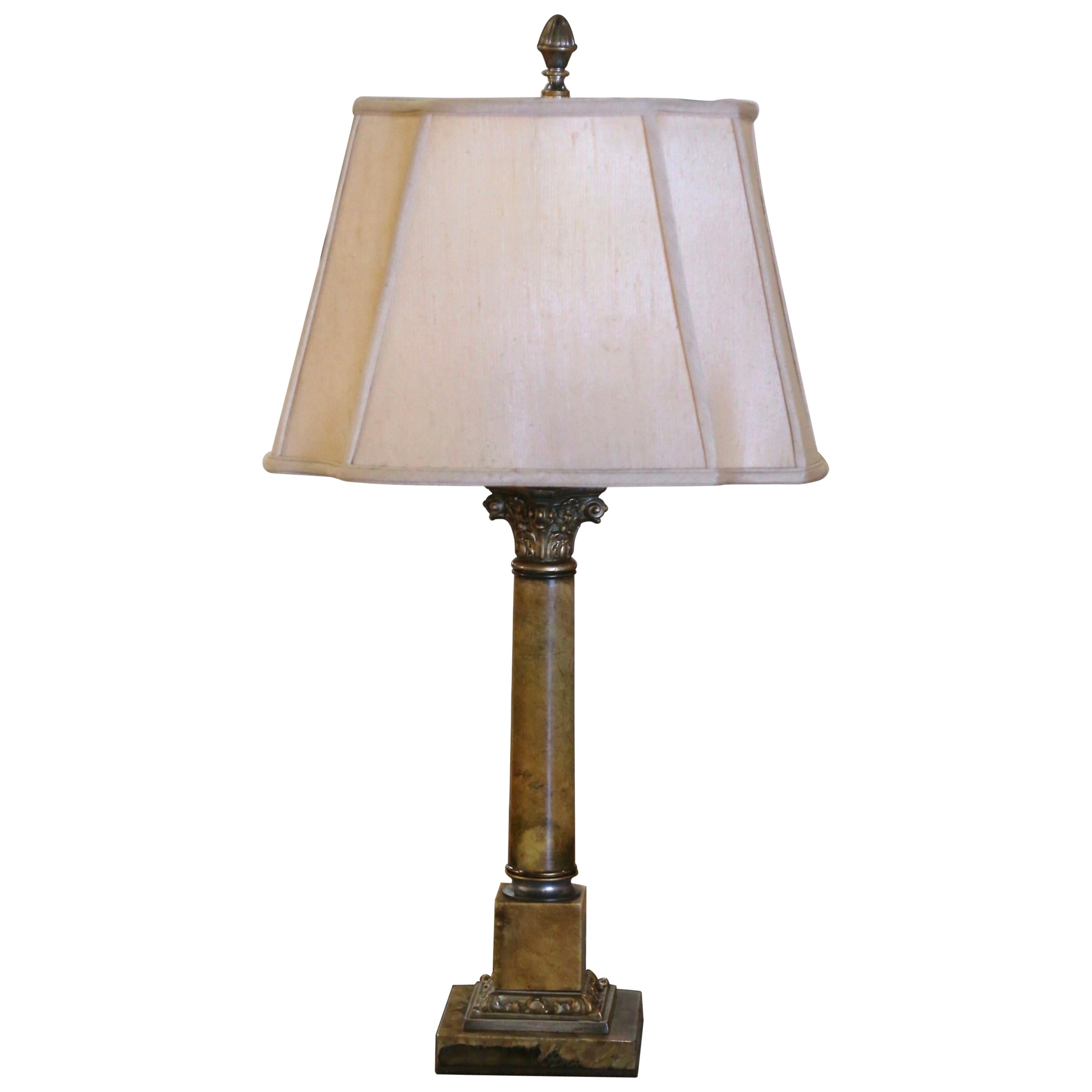 19th Century French Empire Bronze and Marble Table Lamp with Shade