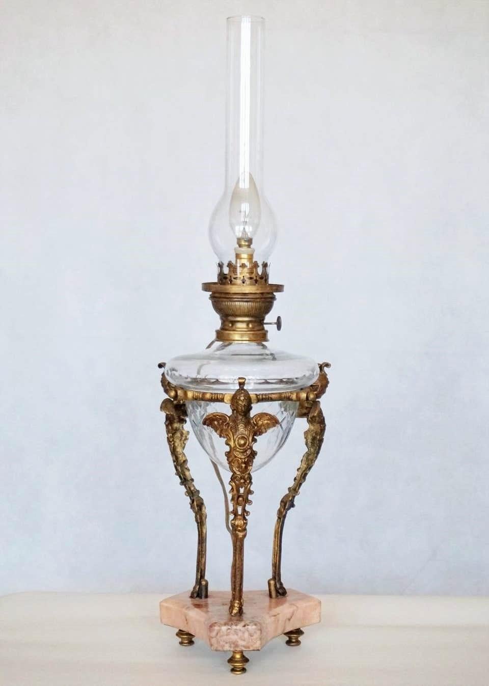 19th Century French Empire Bronze Cut Crystal Oil Lamp Converted to Electric 7