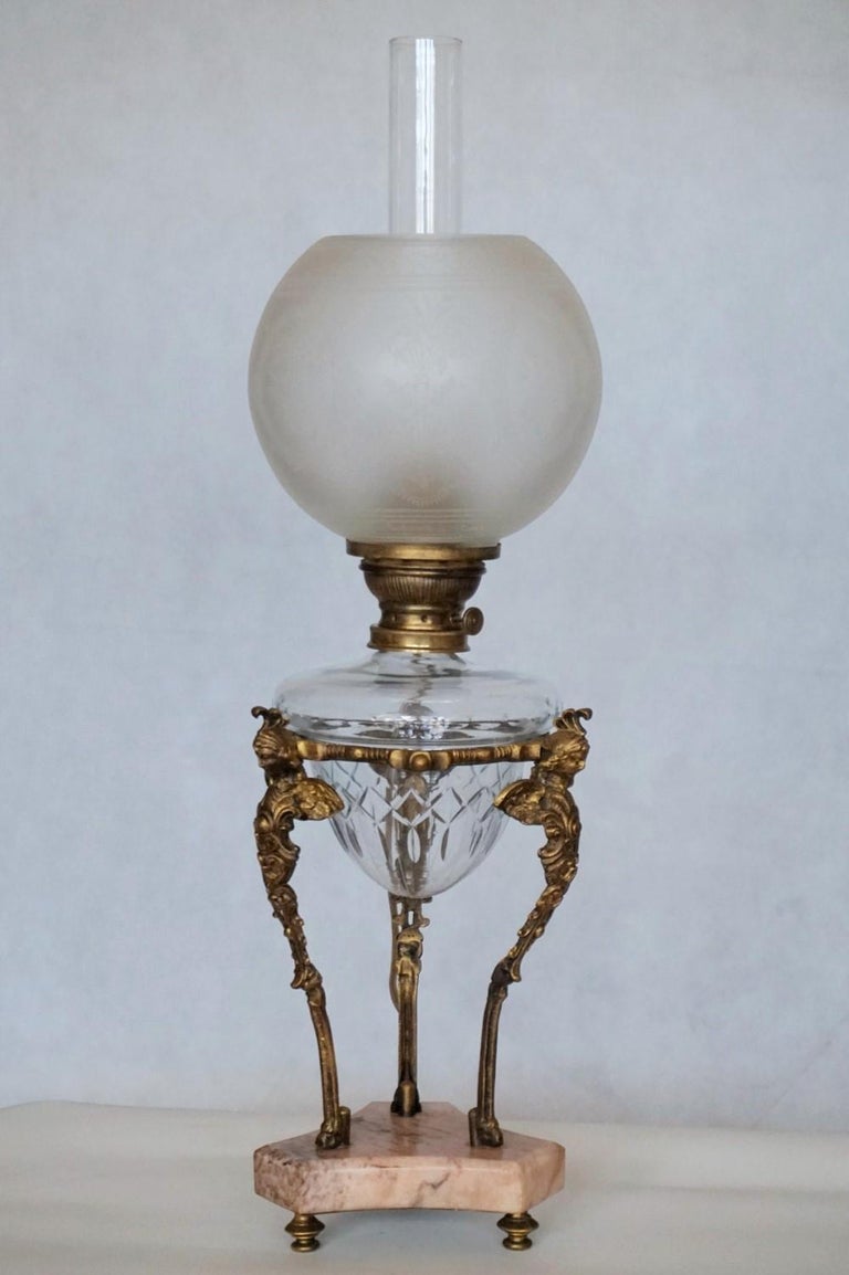 19th Century French Empire Bronze Cut Crystal Oil Lamp Converted to