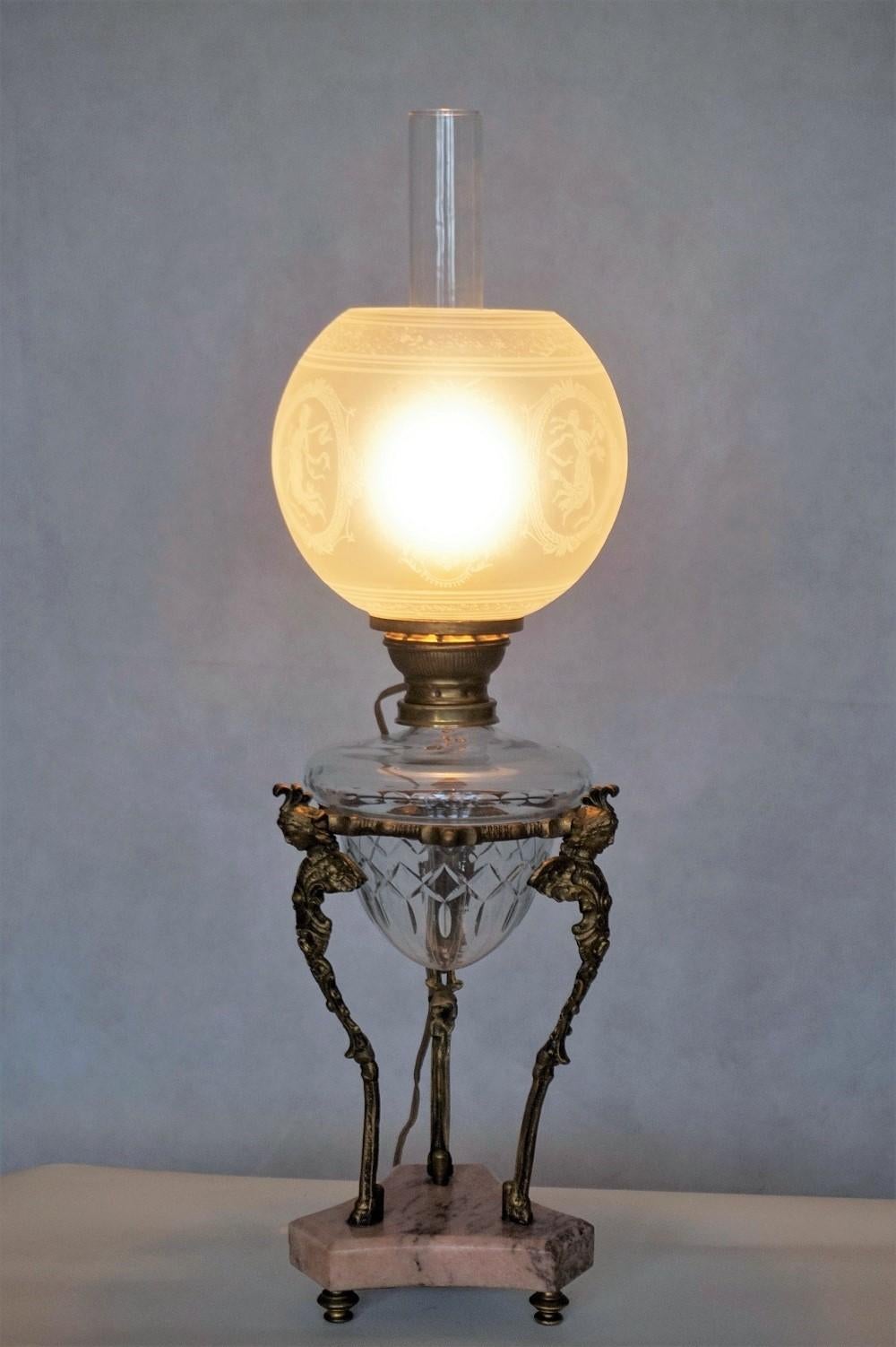 19th Century French Empire Bronze Cut Crystal Oil Lamp Converted to Electric 3