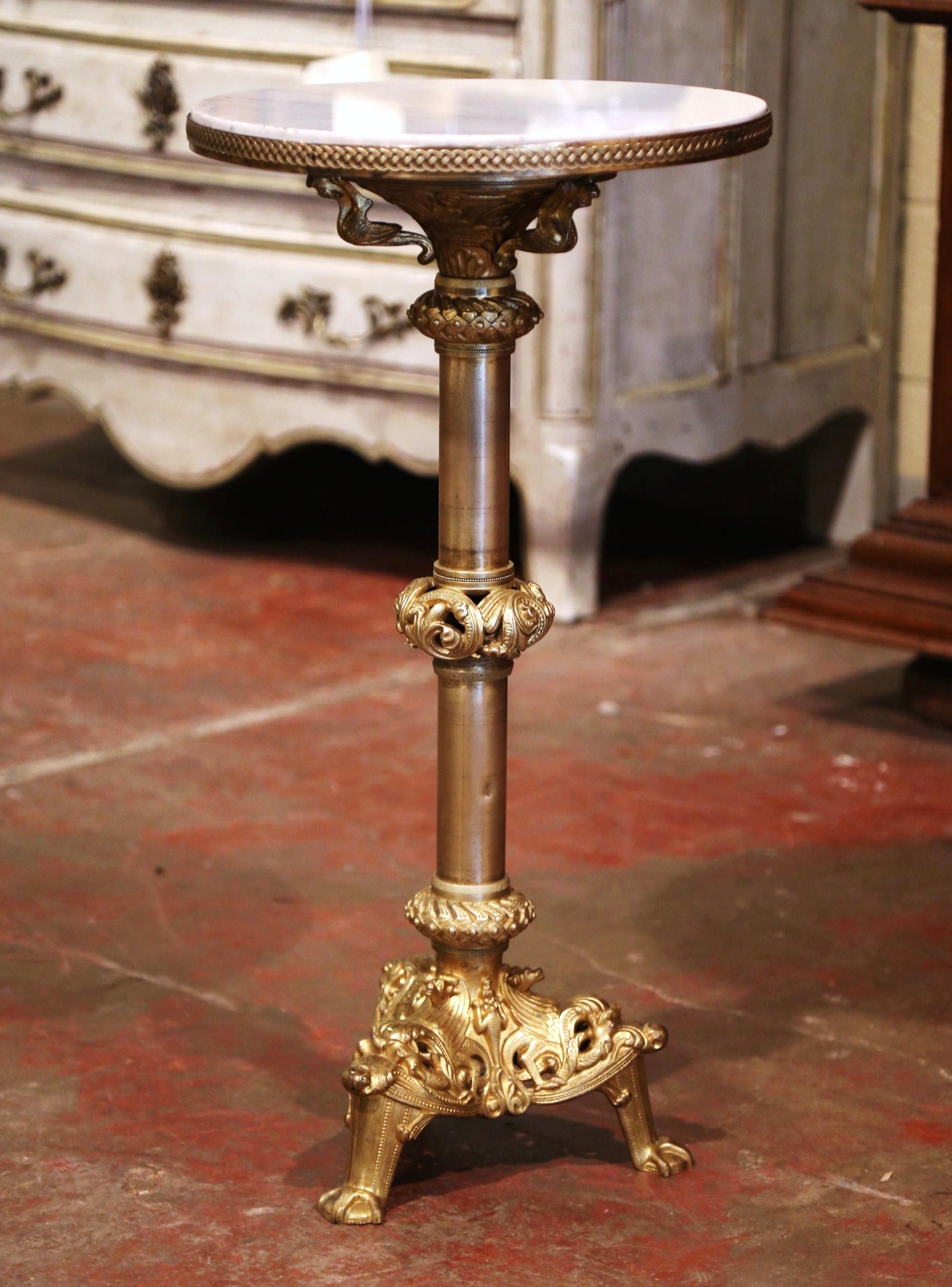 Gilt 19th Century French Empire Bronze Doré and Marble Side Pedestal Table