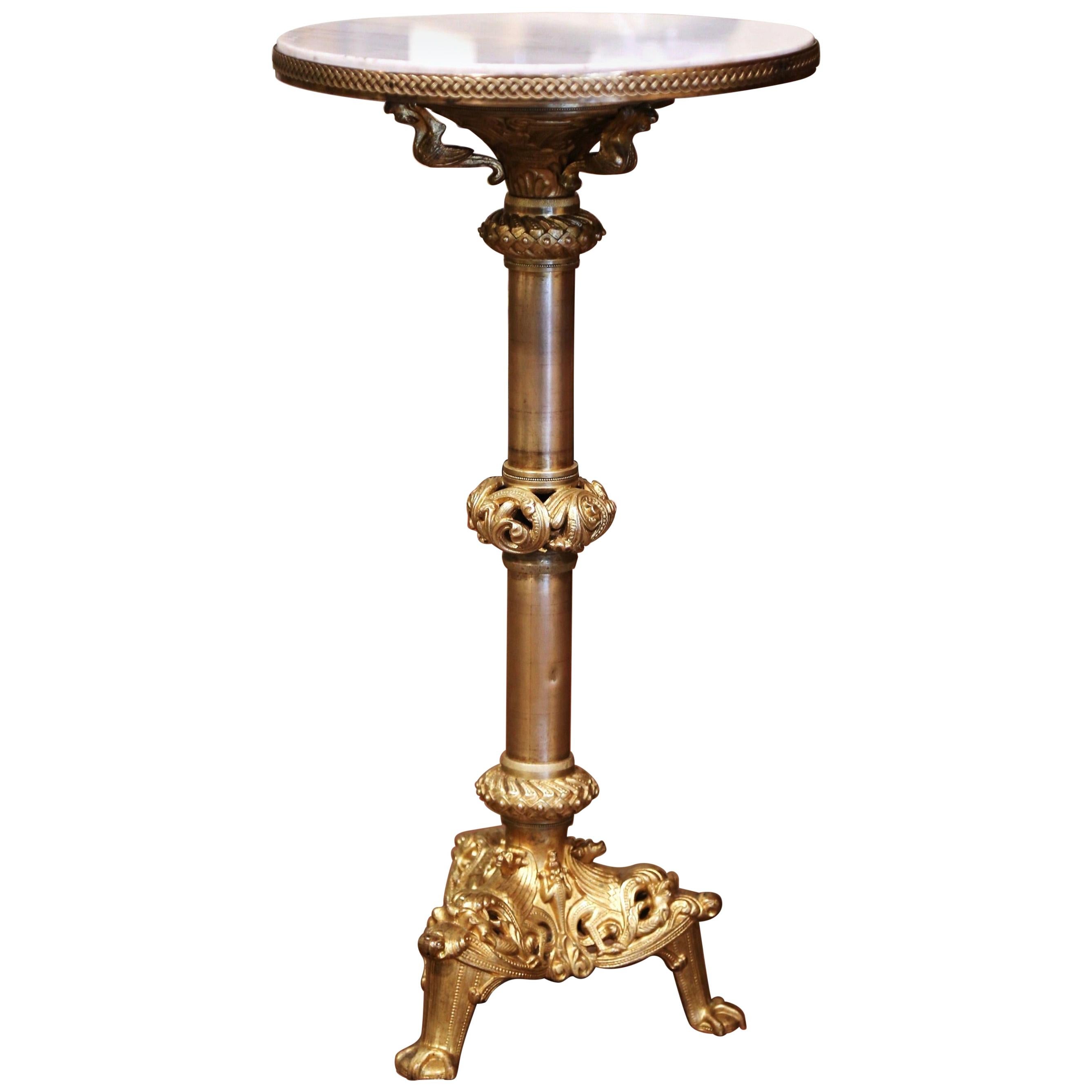 19th Century French Empire Bronze Doré and Marble Side Pedestal Table