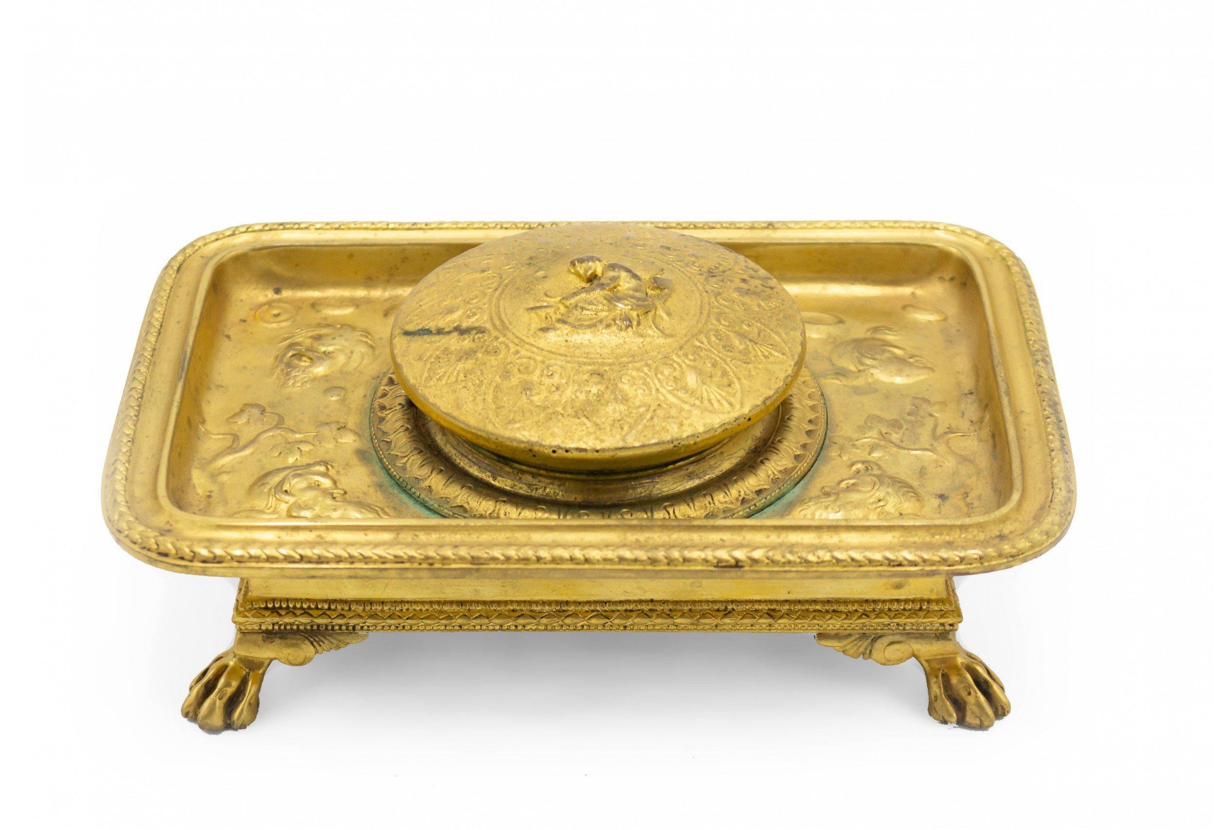 Encrier Empire en bronze doré signé du 19ème siècle, français en vente 4