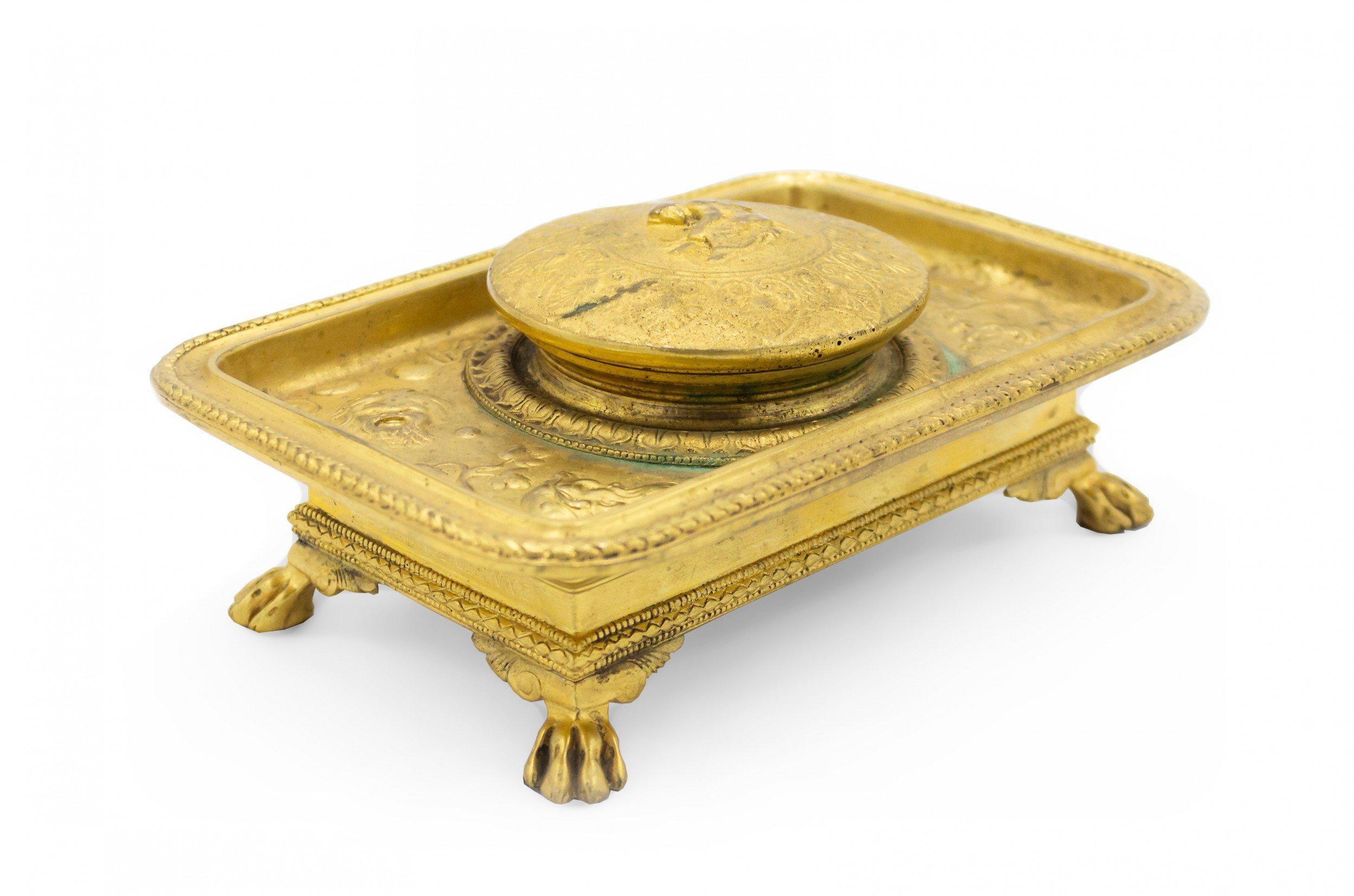 Encrier Empire en bronze doré signé du 19ème siècle, français en vente 1