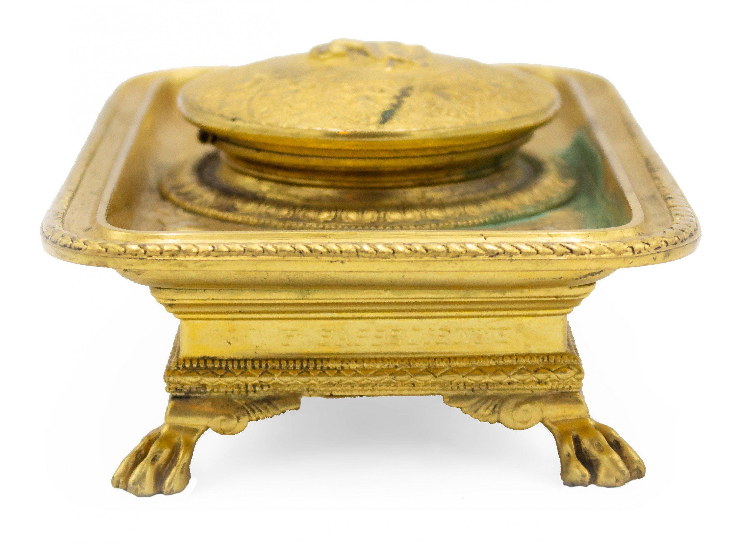 Encrier Empire en bronze doré signé du 19ème siècle, français en vente 2