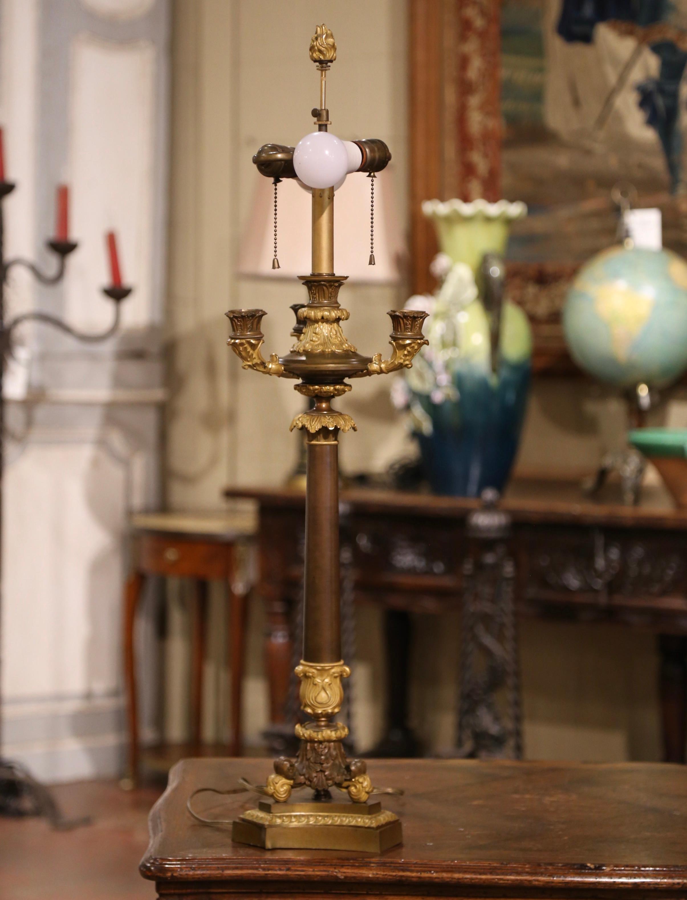 Hand-Crafted 19th Century French Empire Bronze Dore Two-Light Candelabra Table Lamp For Sale