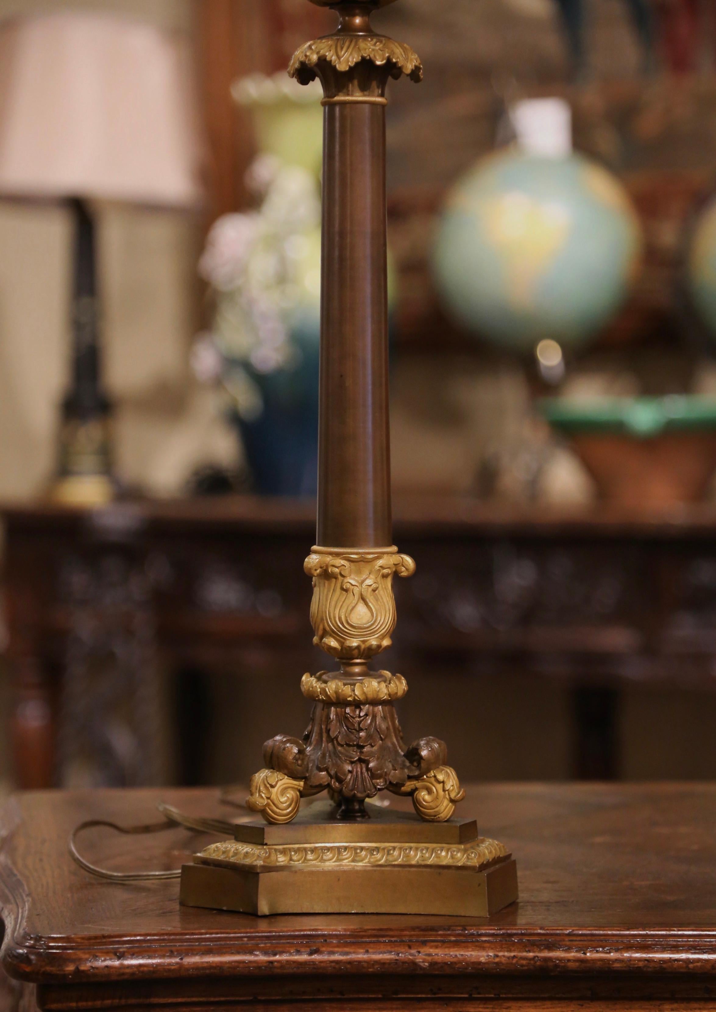 19th Century French Empire Bronze Dore Two-Light Candelabra Table Lamp In Excellent Condition For Sale In Dallas, TX