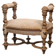 Antique 19th Century French Empire Carved and Painted Stool Bench with Velvet