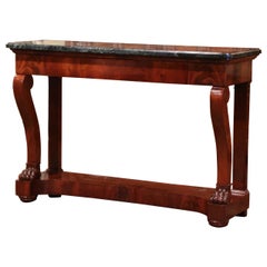 19th Century French Empire Carved Mahogany Console Table with Green Marble Top 19th Century French Empire Carved Mahogany Console Table with Green Marble Top
