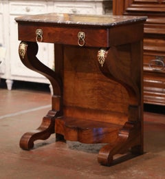 19th Century French Empire Carved Rosewood and Grey Marble Top Console Table