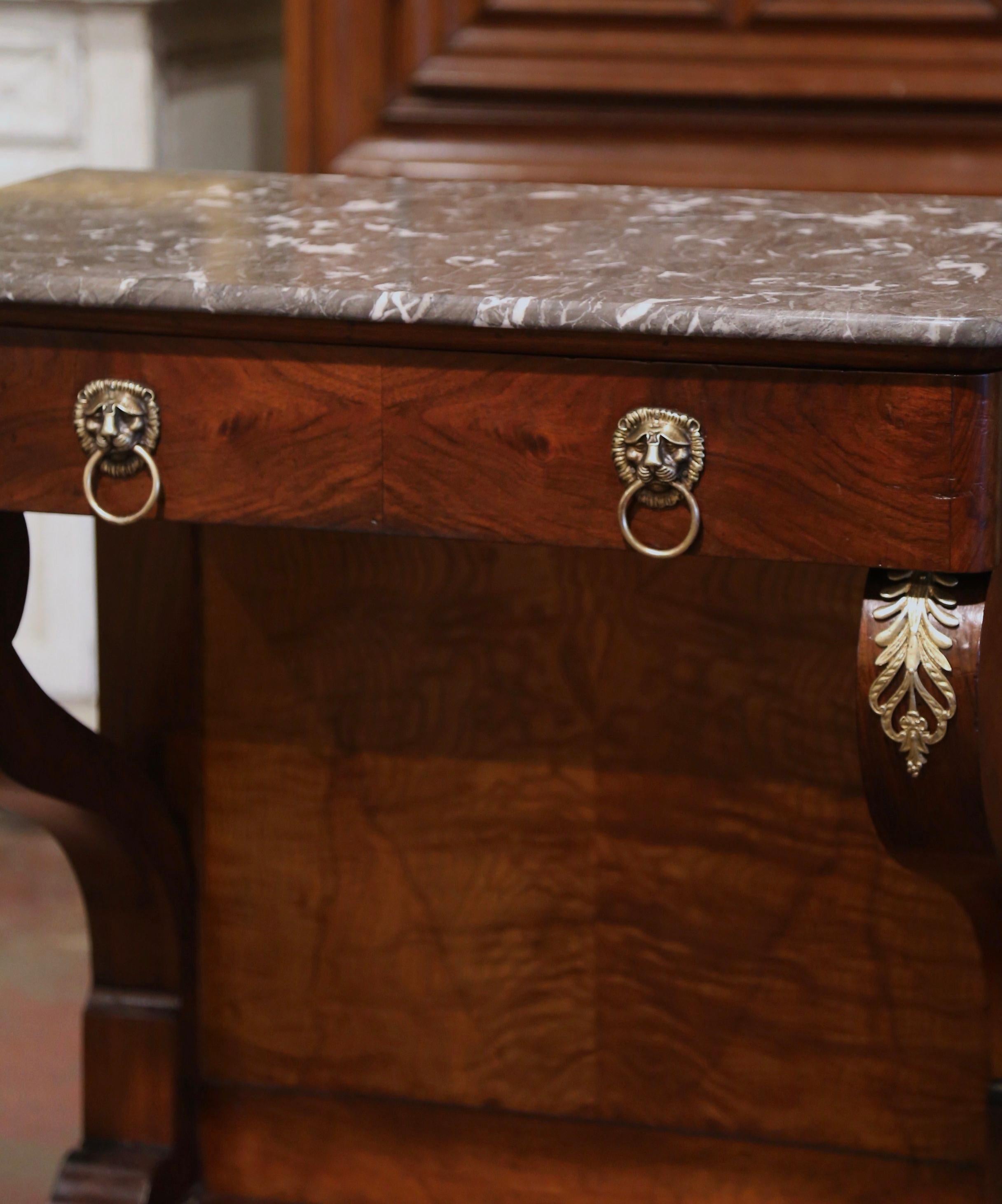 Restauration 19th Century French Empire Carved Rosewood and Grey Marble Top Console Table For Sale