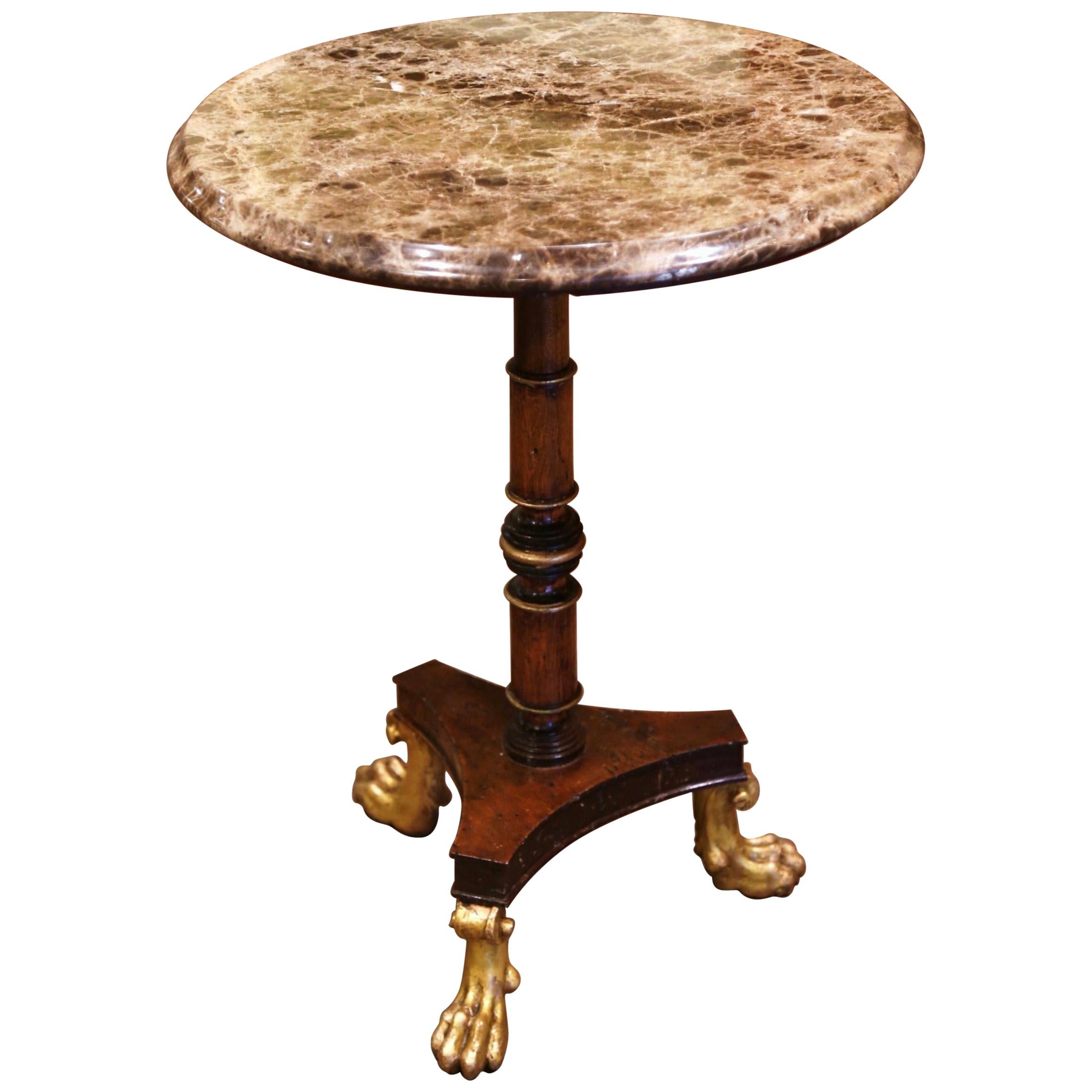 19th Century French Empire Carved Walnut and Brown Marble Side Pedestal Table
