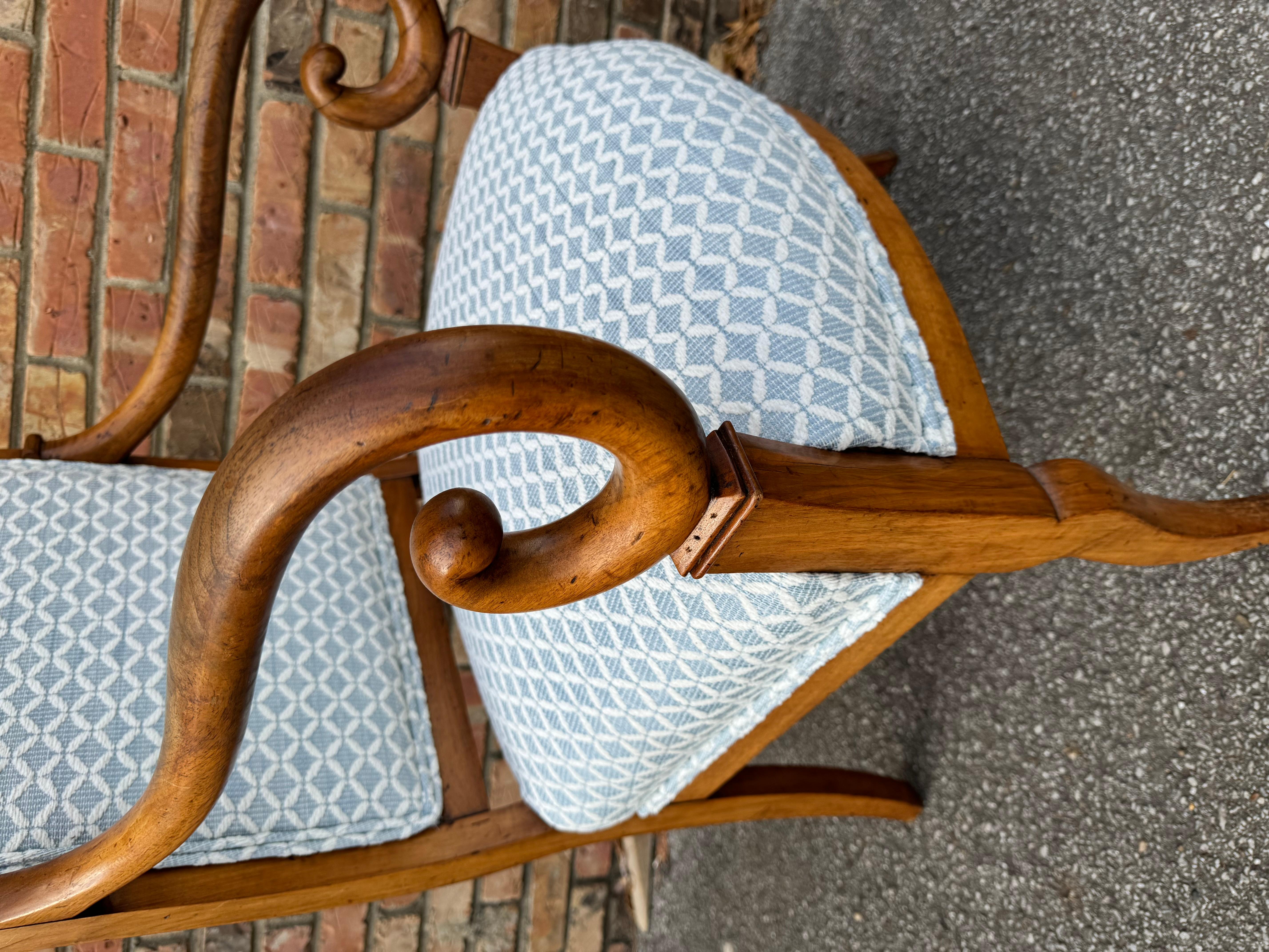 I just got this beautiful French chair back from my upholsterer! She does such an amazing job. These chairs are done in a sky blue/ white fabric in a diamond pattern that really shows off these late 1800s chair frames. These would look beautiful in
