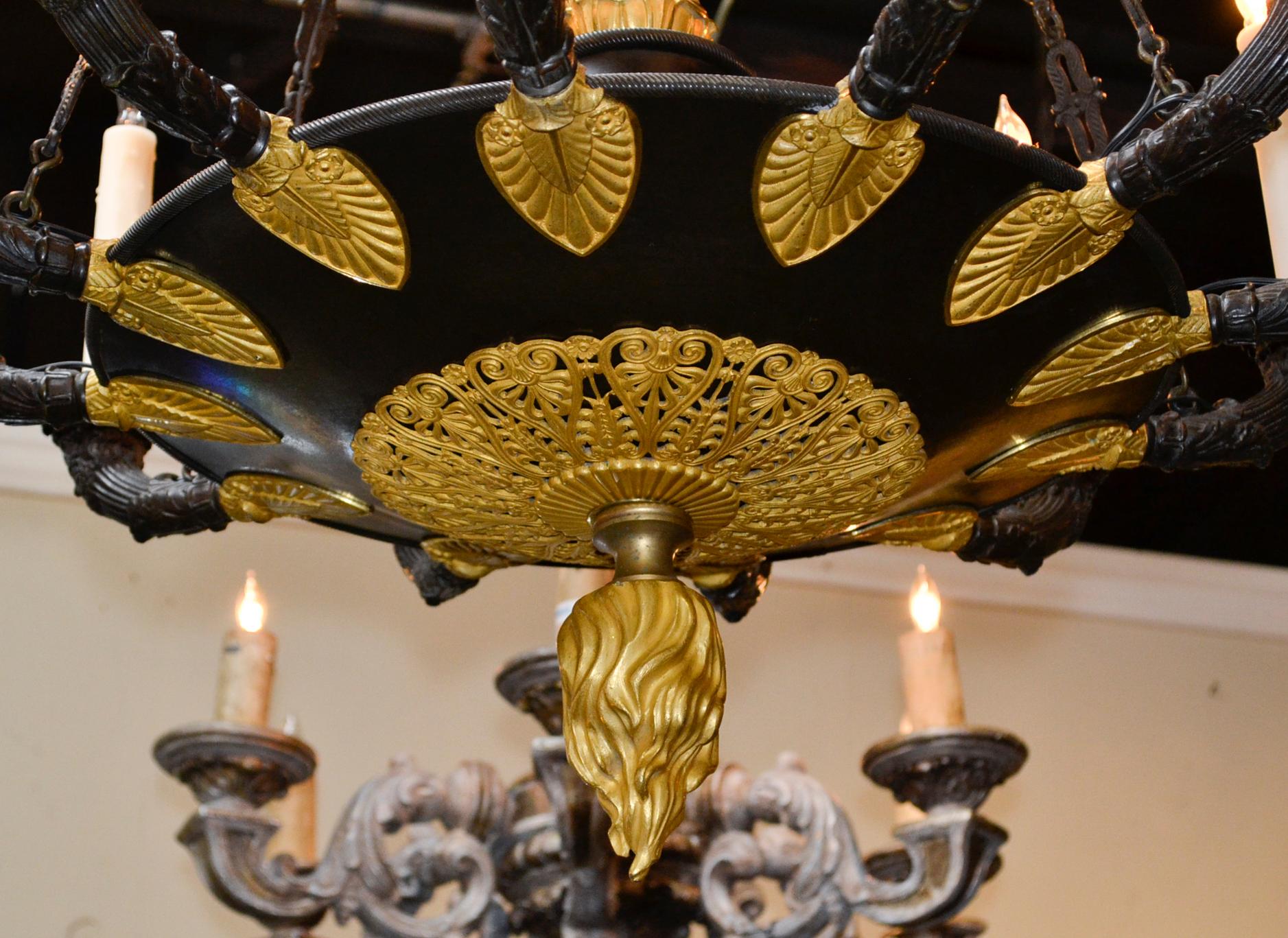 Outstanding 19th century French Empire bronze 12-light chandelier.