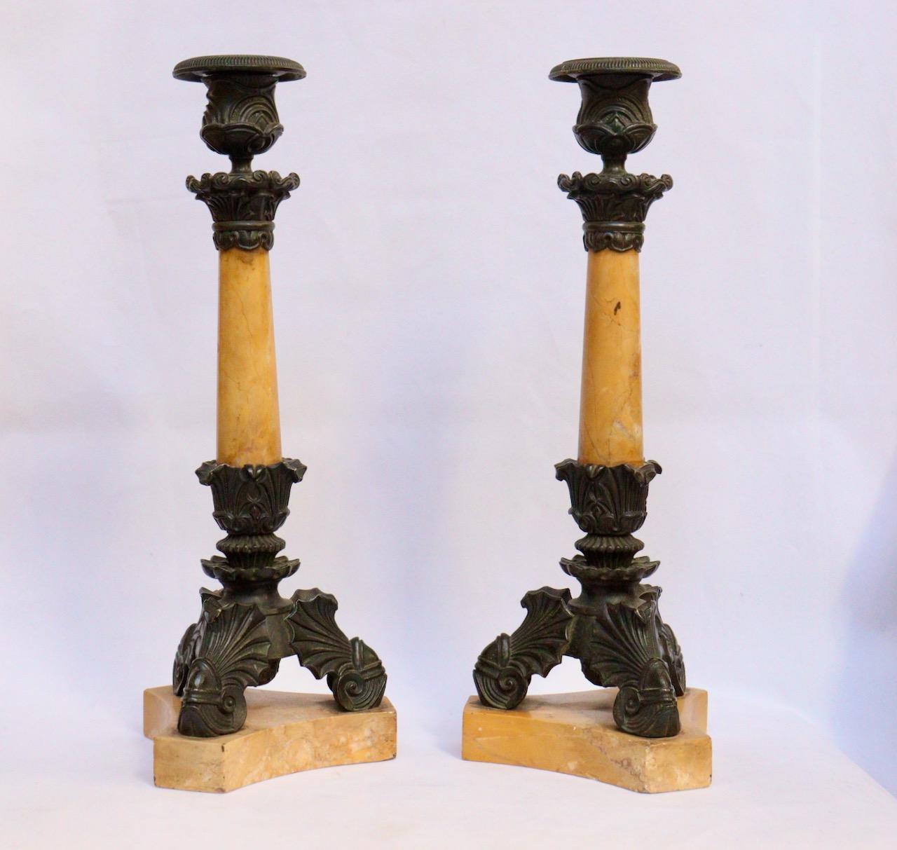 Patinated 19th Century French Empire Charles X Pair of Candlesticks