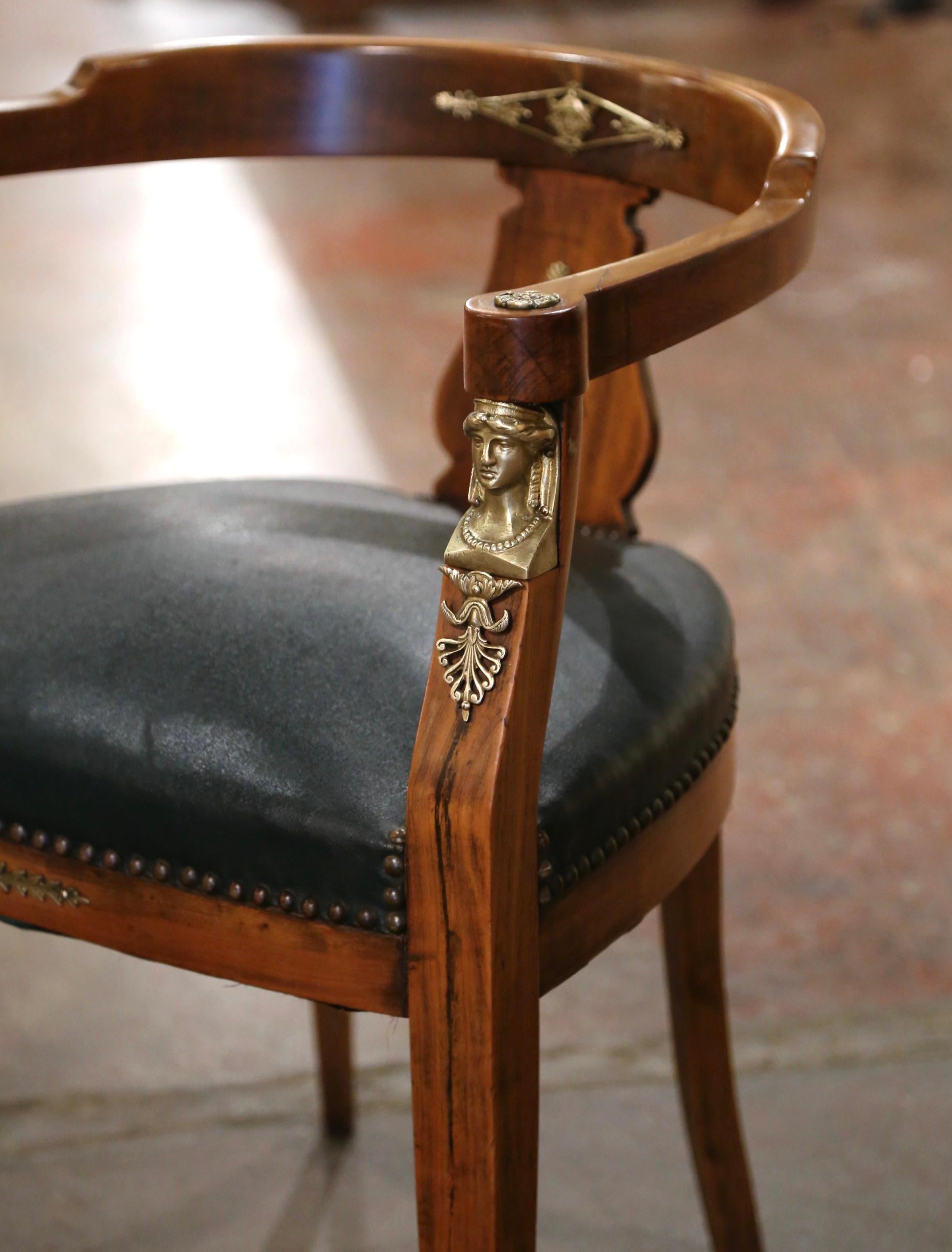 19th Century French Empire Cherry Wood Desk Barrel Armchair with Gilt Mounts In Excellent Condition In Dallas, TX