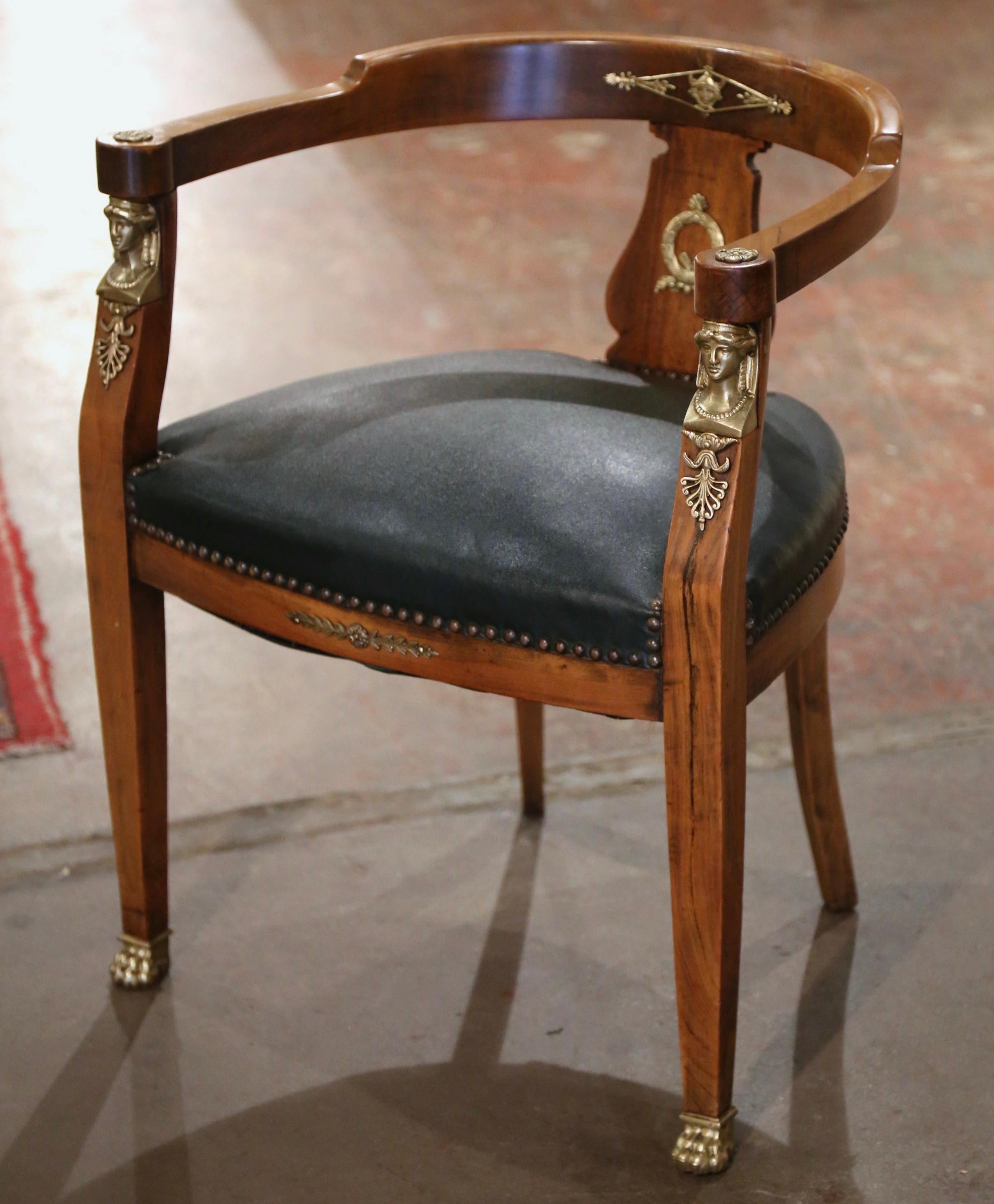 19th Century French Empire Cherry Wood Desk Barrel Armchair with Gilt Mounts For Sale 1
