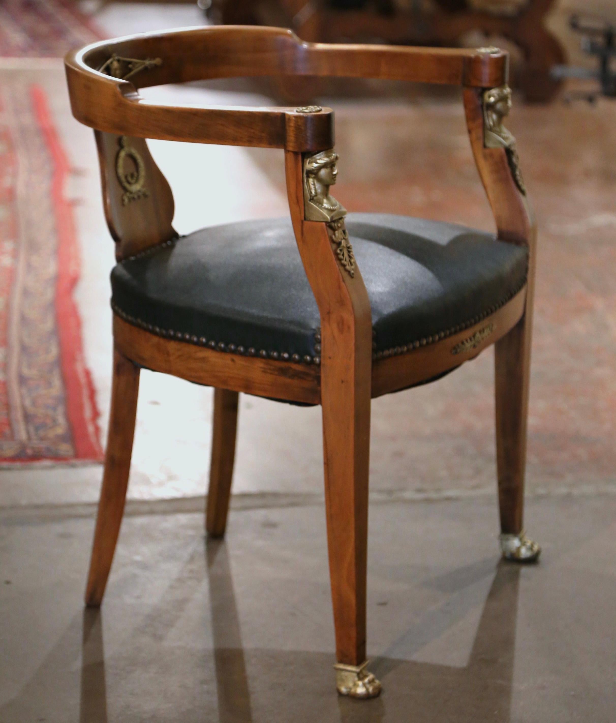 19th Century French Empire Cherry Wood Desk Barrel Armchair with Gilt Mounts For Sale 4