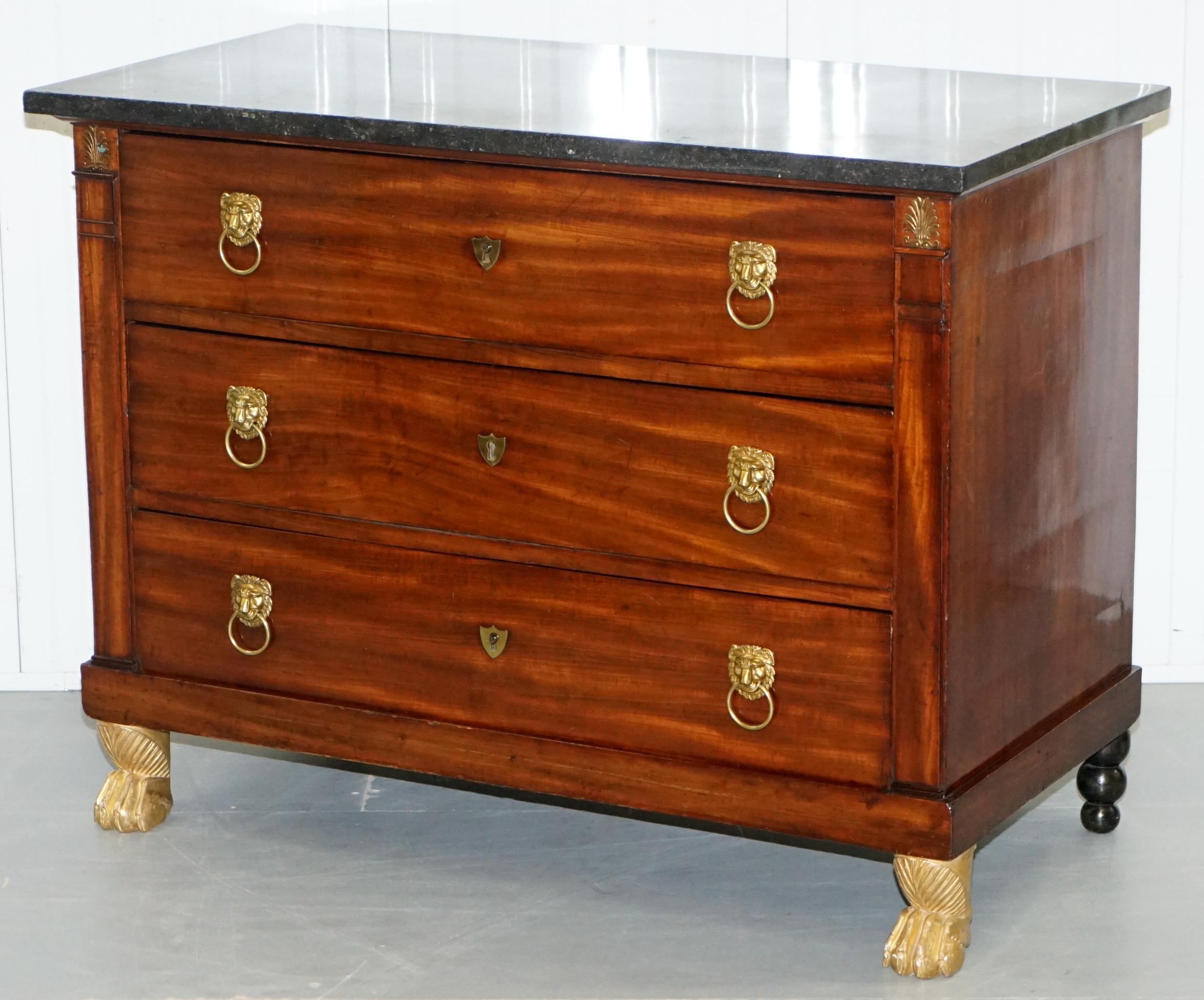 Hand-Crafted 19th Century French Empire Chest of Marble Topped Drawers Lion Hairy Paw Feet For Sale