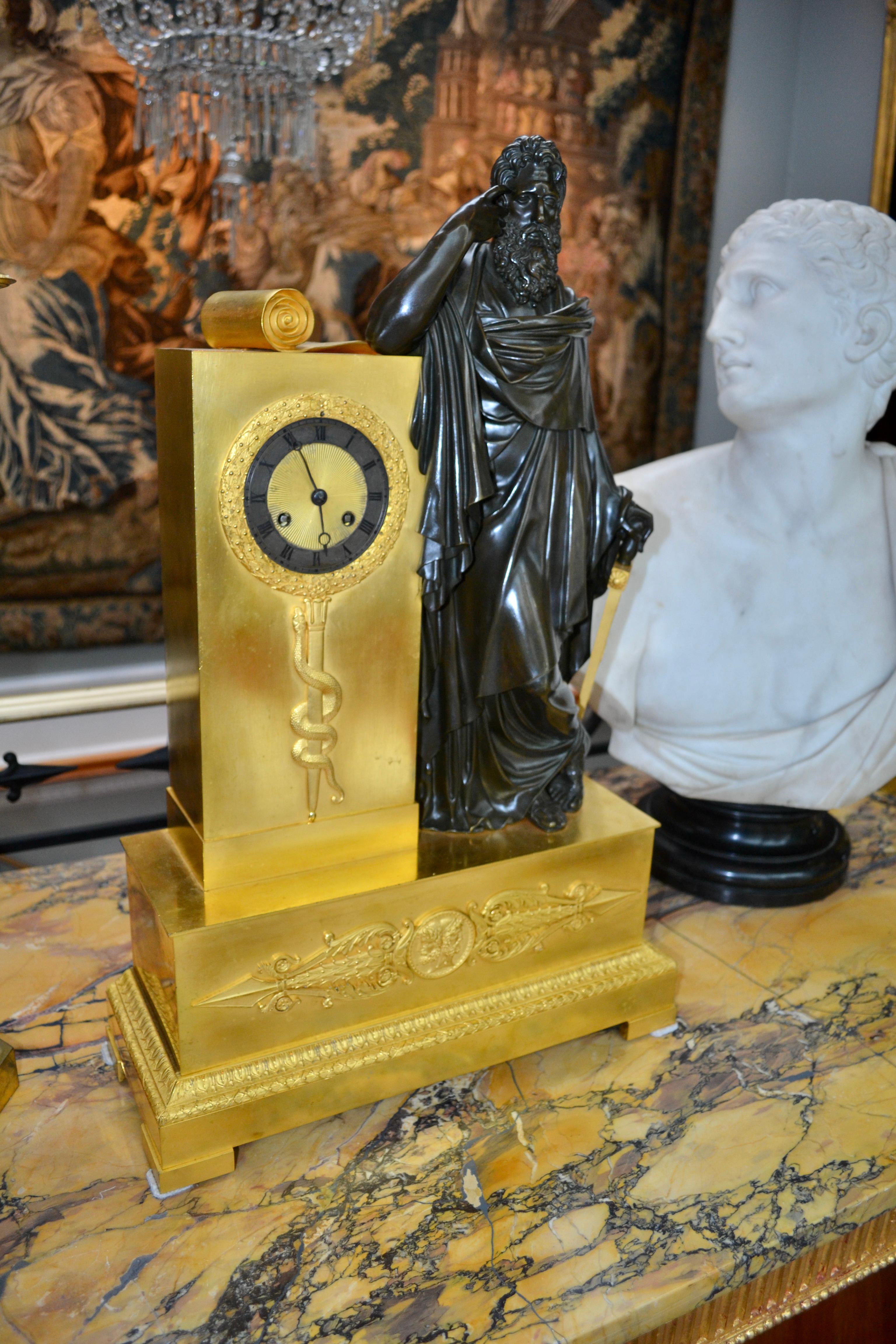  French Empire Figural Bronze Clock Depicting an Allegory to Prudence or Wisdom For Sale 6