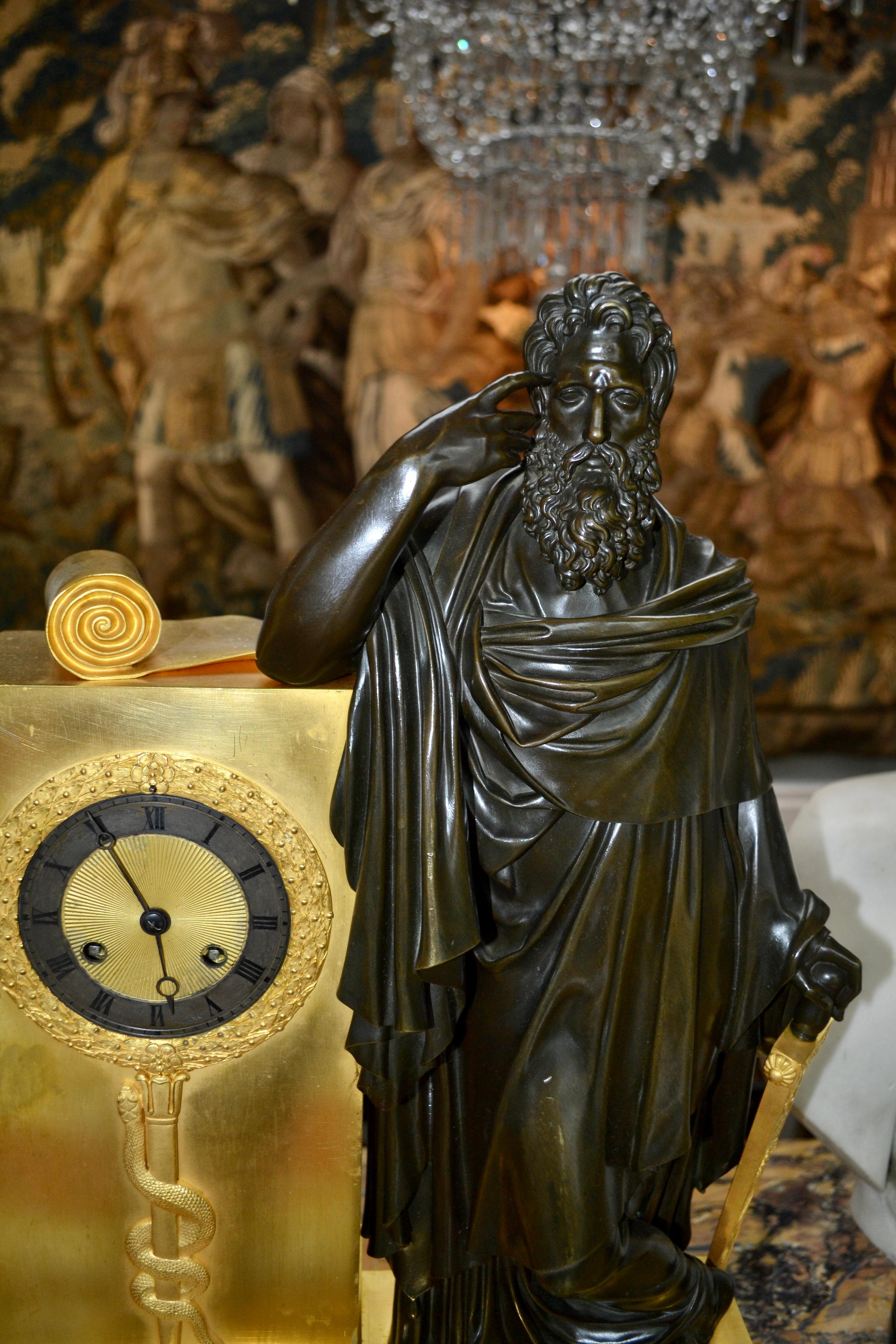  French Empire Figural Bronze Clock Depicting an Allegory to Prudence or Wisdom For Sale 7