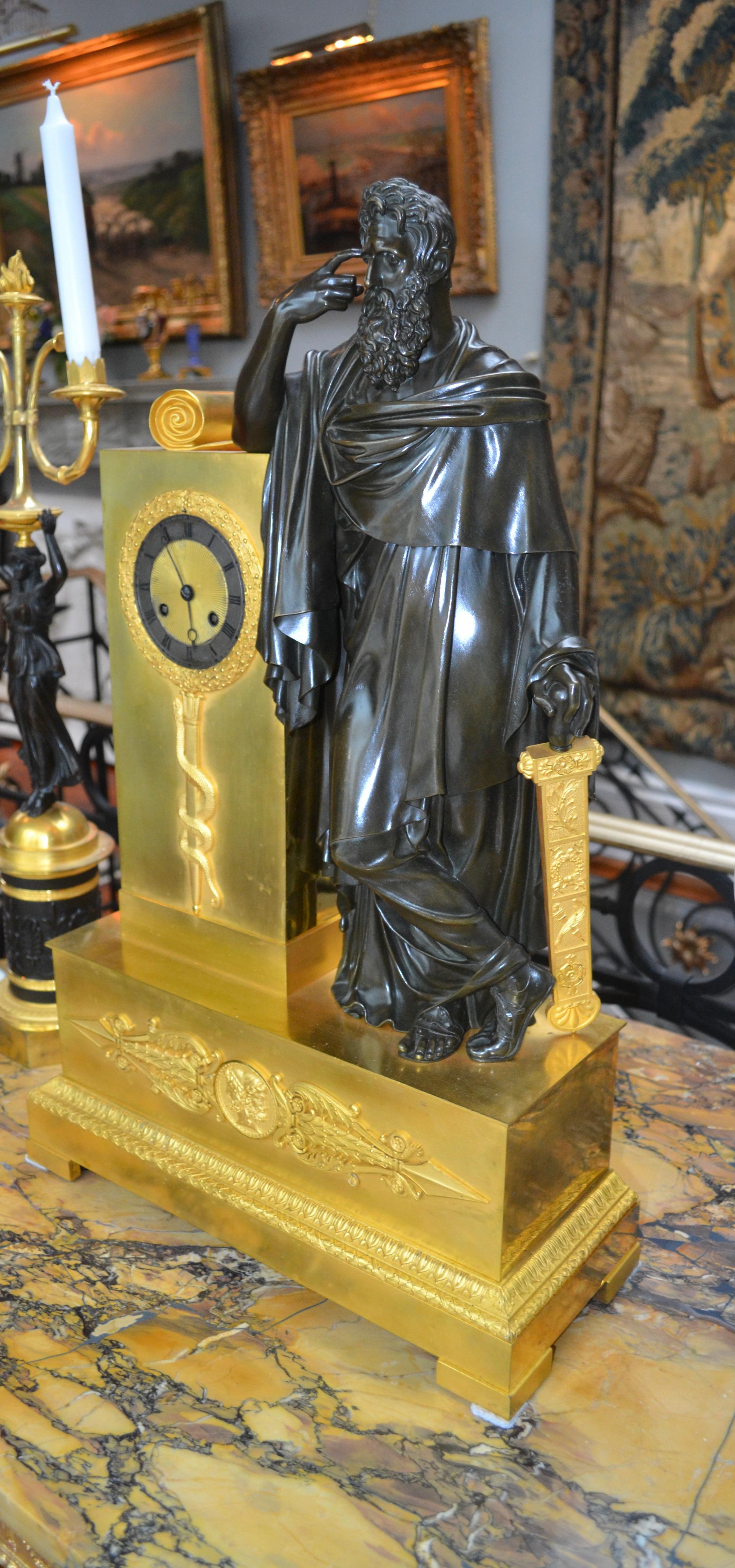  French Empire Figural Bronze Clock Depicting an Allegory to Prudence or Wisdom For Sale 9