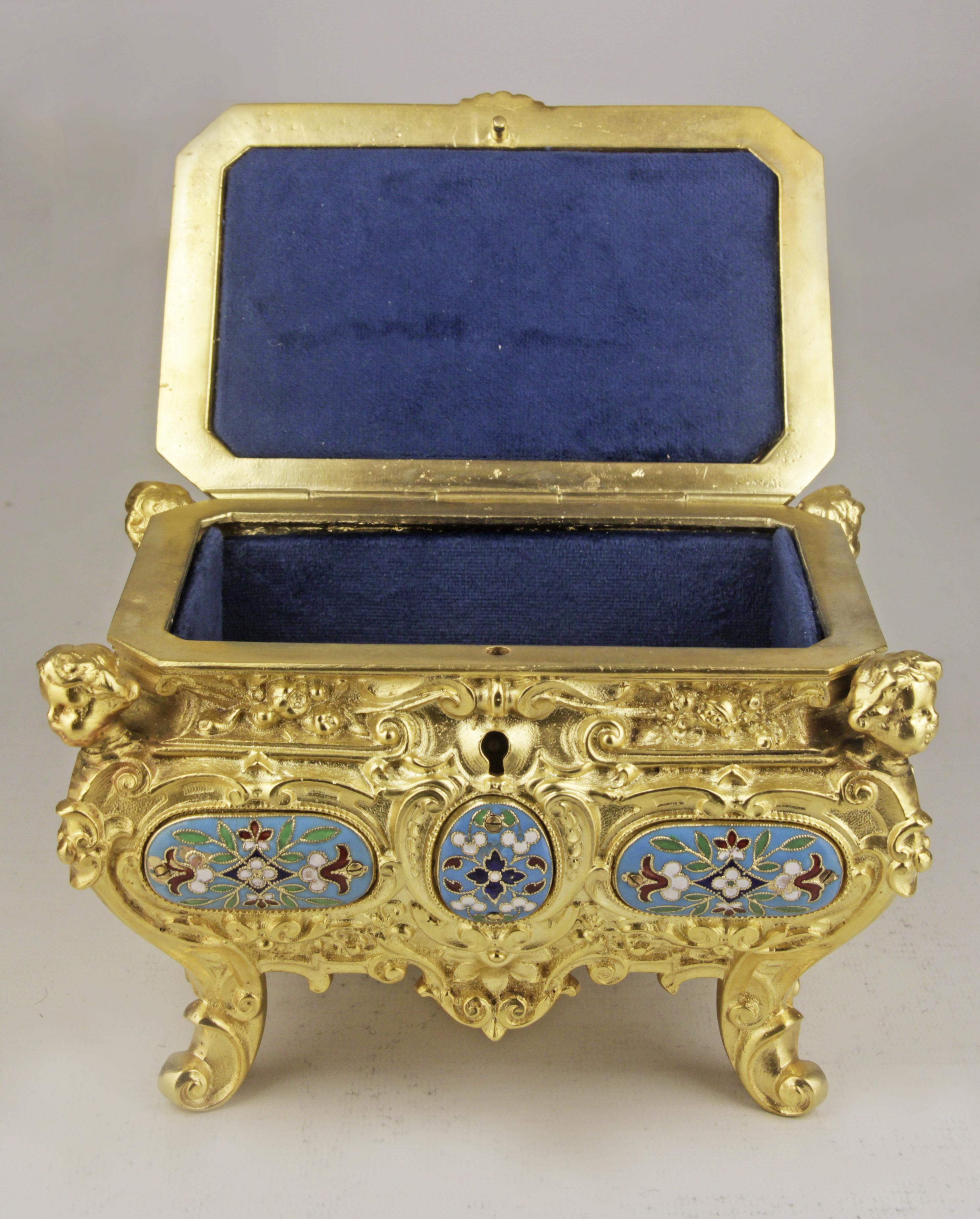 Rococo Revival 19th Century French Empire Cloisonné Bronze Jewelry Casket with Velvet Interior For Sale