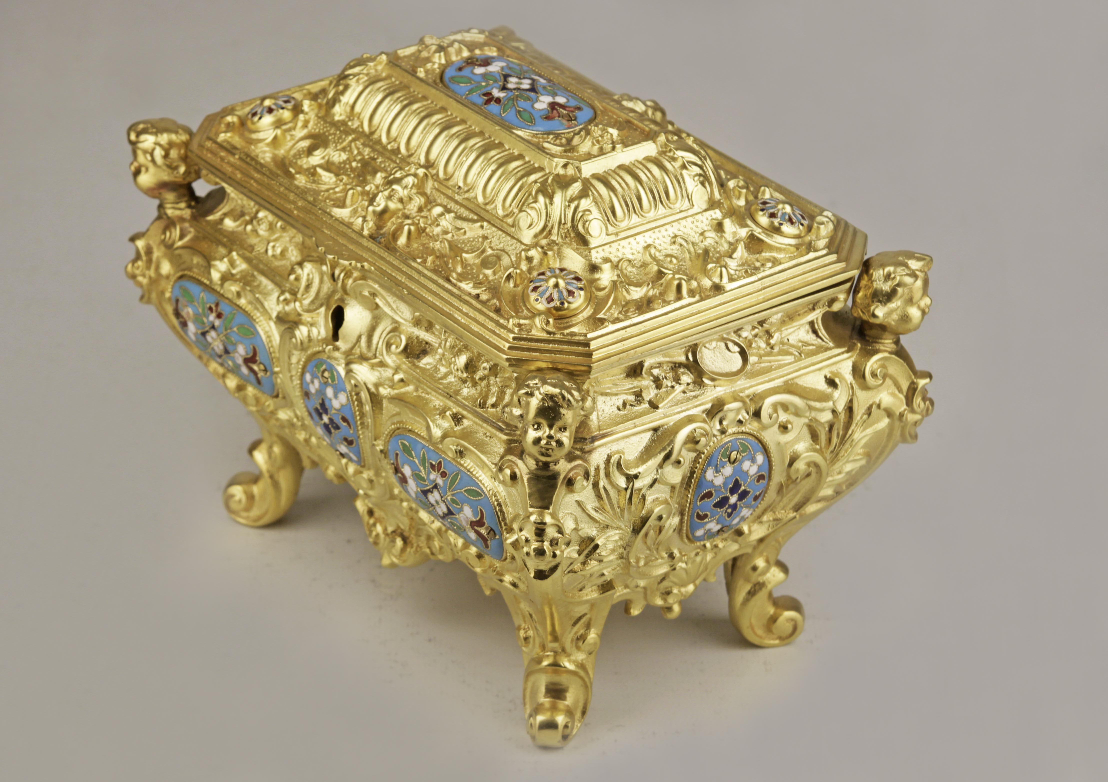 Molded 19th Century French Empire Cloisonné Bronze Jewelry Casket with Velvet Interior For Sale