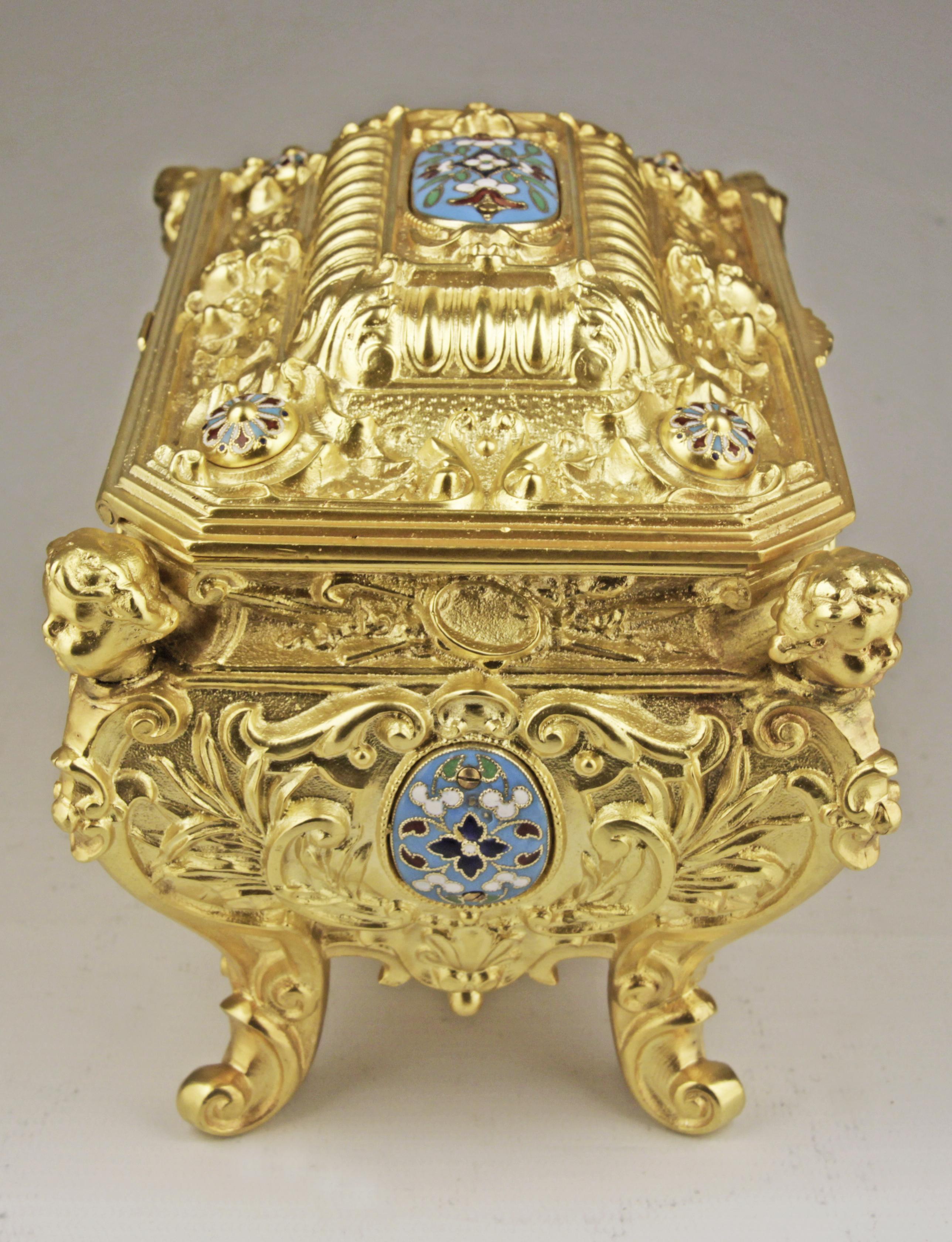 19th Century French Empire Cloisonné Bronze Jewelry Casket with Velvet Interior In Good Condition For Sale In North Miami, FL